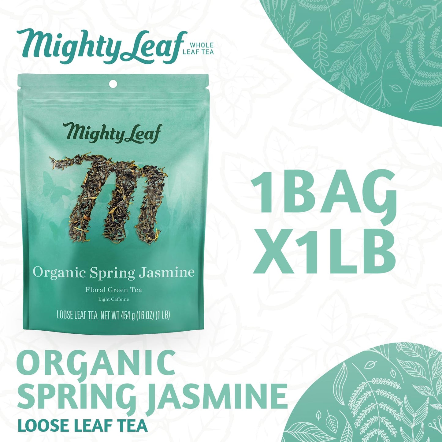 Mighty Leaf Organic Spring Jasmine Green Tea - 1 lb Bulk Loose Leaf Bag - Lightly Caffeinated Premium Whole Leaf Green Tea Naturally Scented