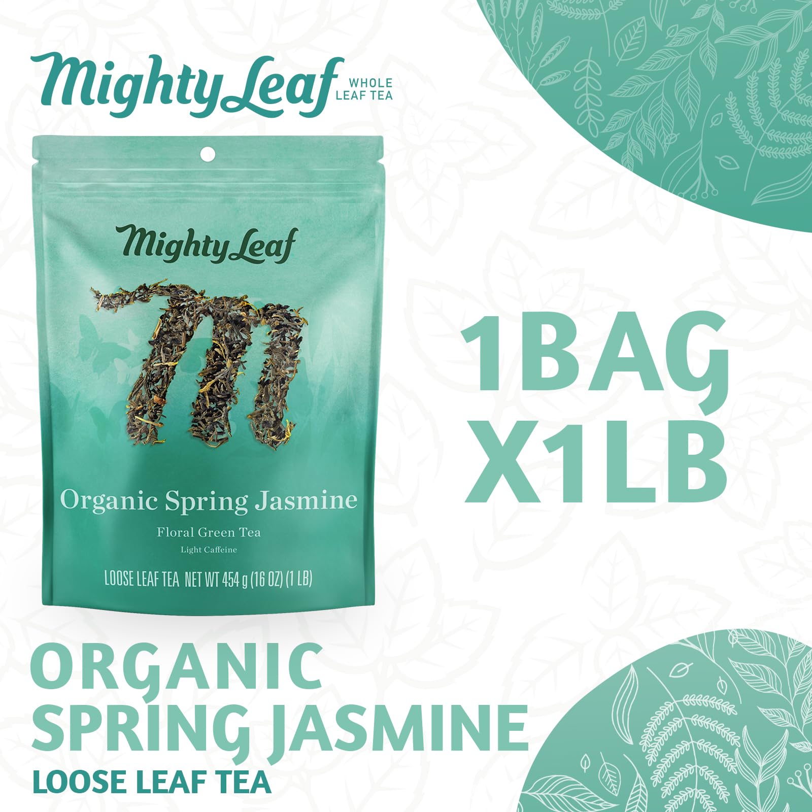 Mighty Leaf Organic Spring Jasmine Green Tea - 1 lb Bulk Loose Leaf Bag - Lightly Caffeinated Premium Whole Leaf Green Tea Naturally Scented
