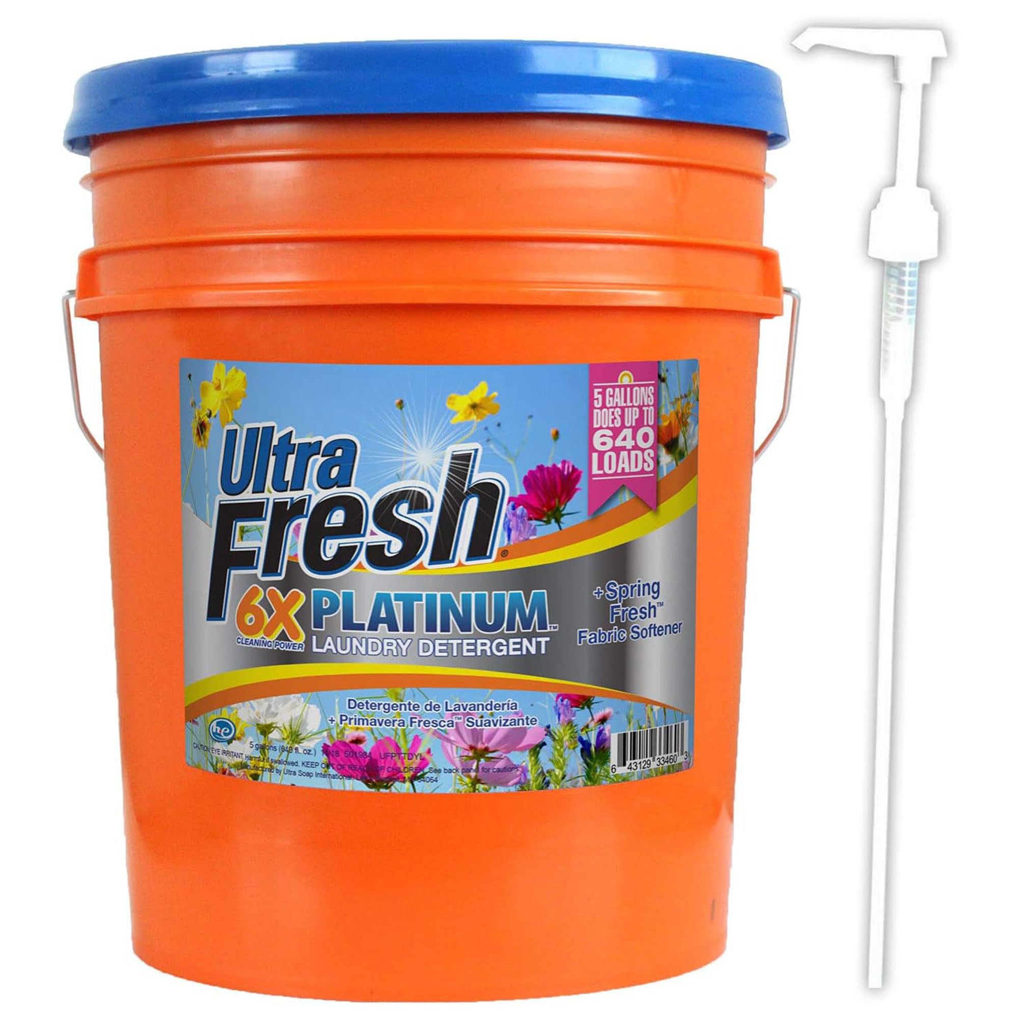 Ultra Fresh 6X Platinum 5 Gallon Laundry Detergent Liquid with Spring Fresh Fabric Softener and Pump for All Machine Types, Up to 640 Loads (2 Pack)
