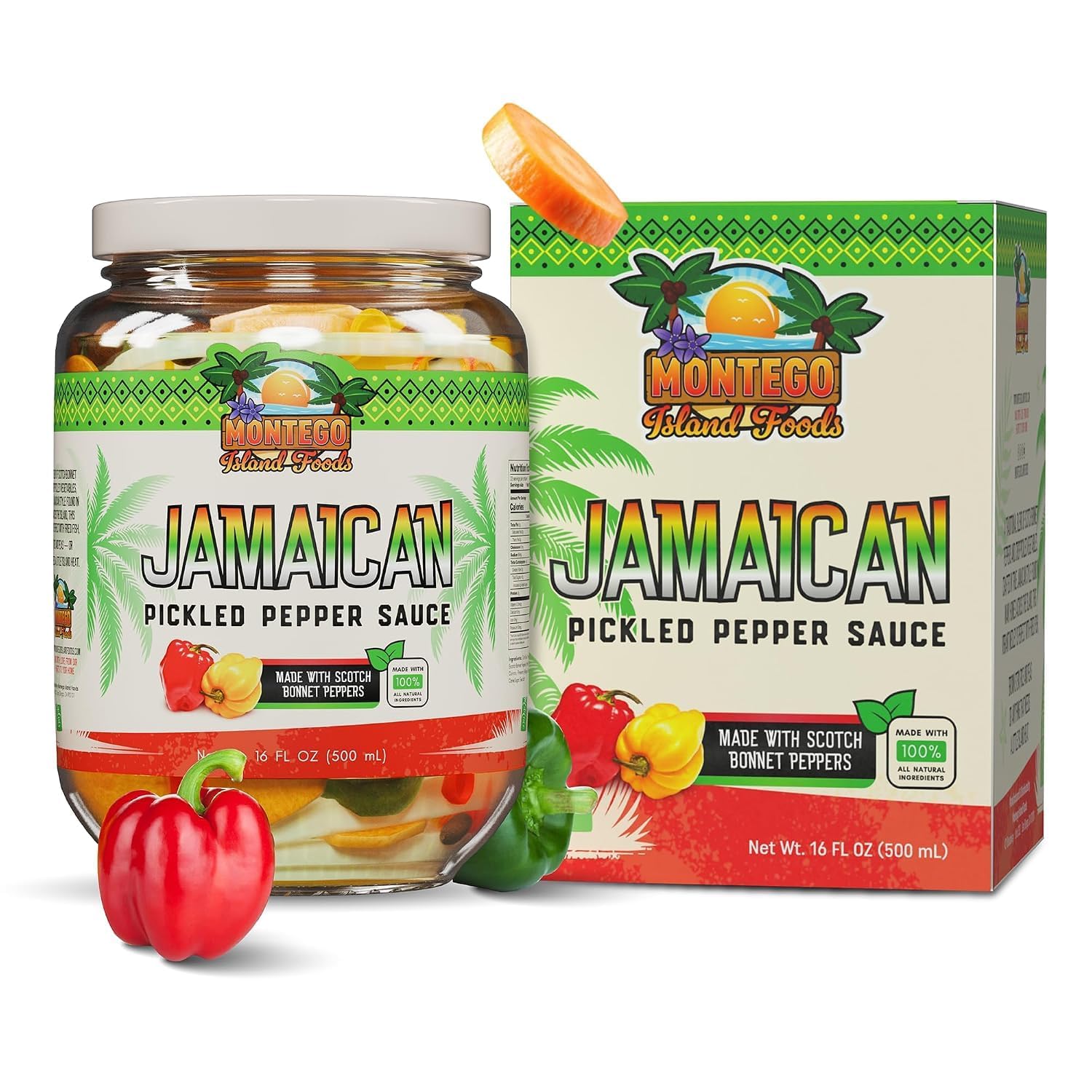 Montego Island Foods Jamaican Pickled Pepper Sauce - Hand Picked & Hand Packed - Authentic Jamaican Escovitch Sauce - Scotch Bonnet Pepper Sauce - 16