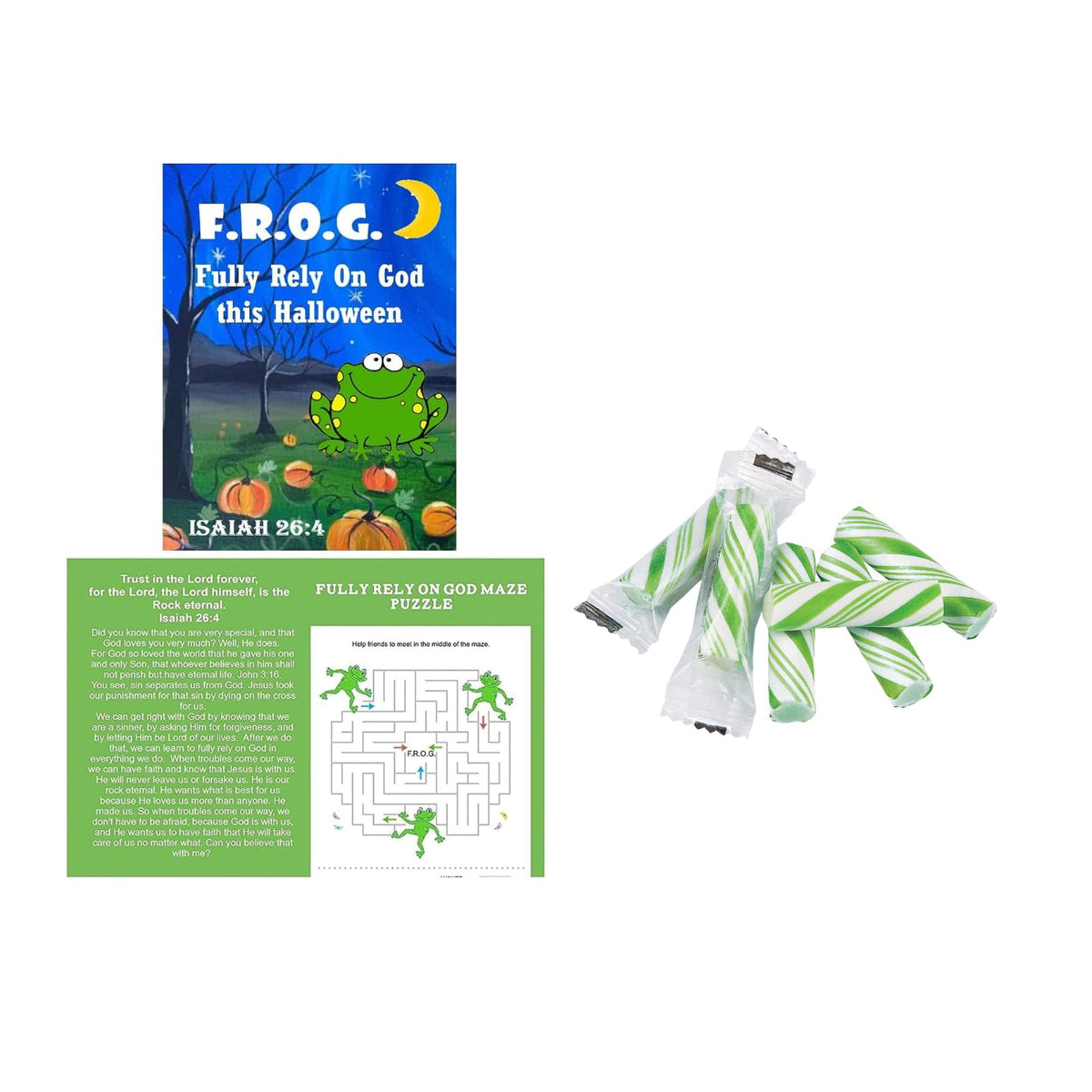 150 Bulk Sets Fully Rely On God Halloween Gospel Tracts With Green Candy Sticks