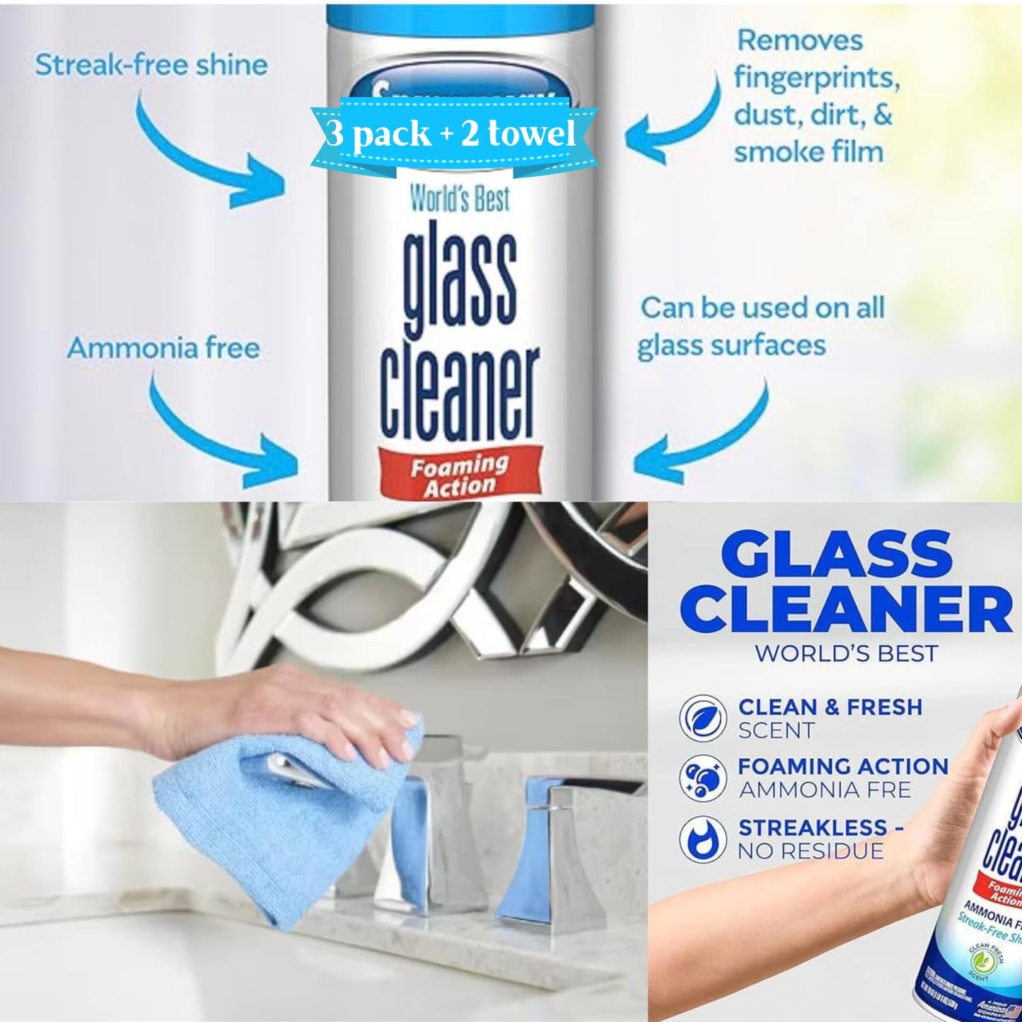 Nour Nutri Health Pack (3 bottles) Glass Cleaner Foam Action Cleaner 23 oz each, with 2 Microfiber Cleaning Cloth