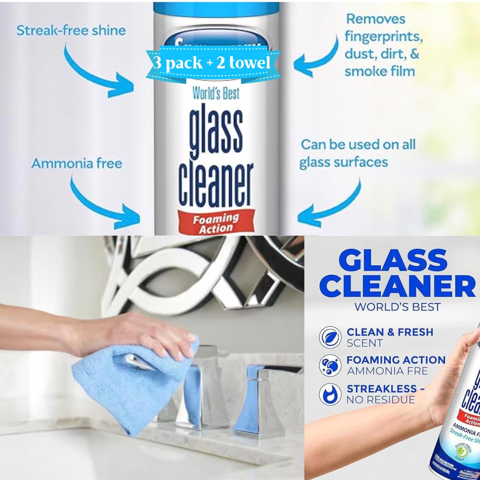 Nour Nutri Health Pack (3 bottles) Glass Cleaner Foam Action Cleaner 23 oz each, with 2 Microfiber Cleaning Cloth