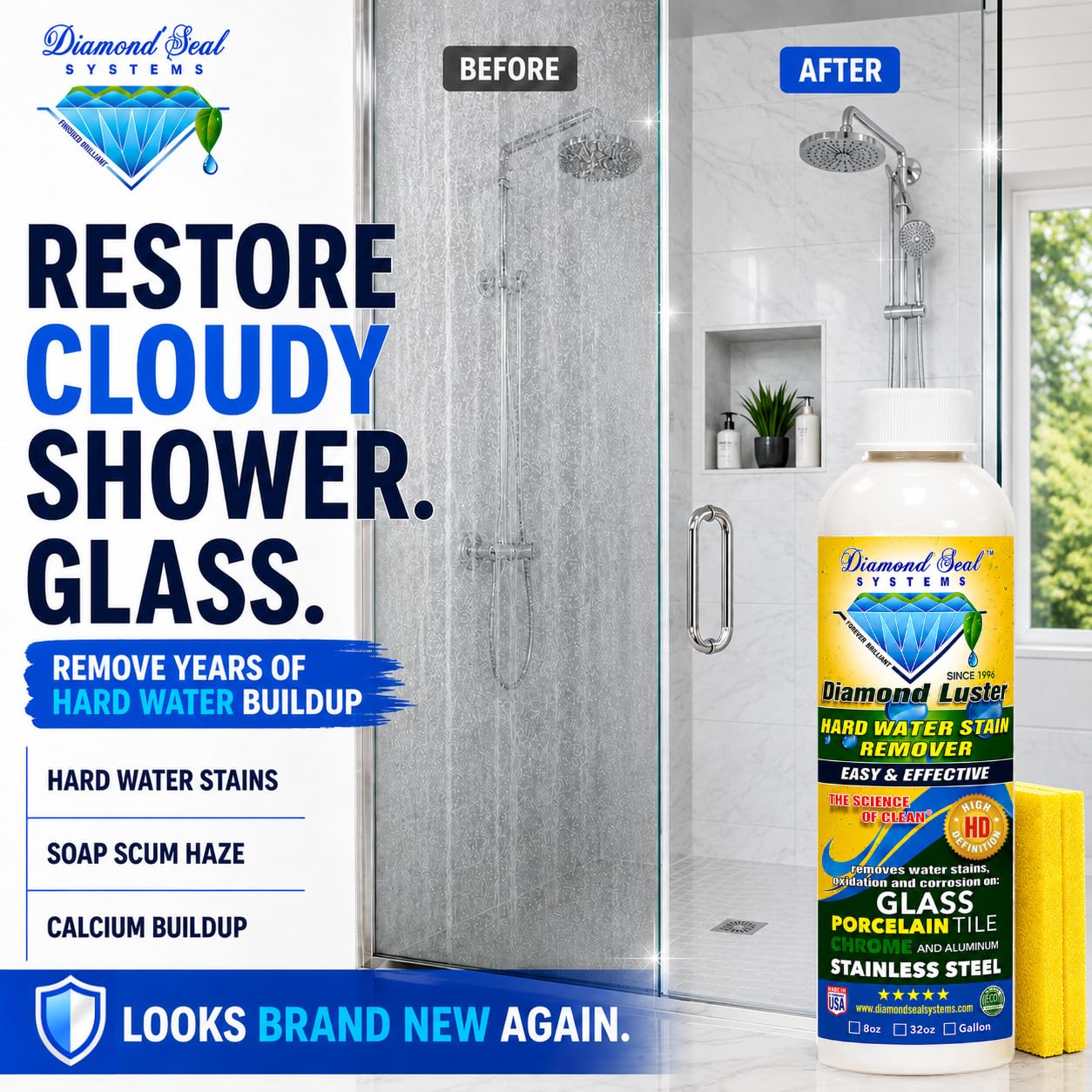 Diamond Luster Hard Water Stain Remover for Glass Shower Doors - Non Abrasive Shower Glass Cleaner for Hard Water Spots, Soap Scum & Calcium Buildup