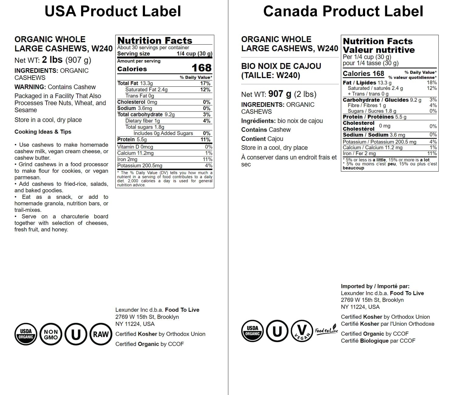 Food to Live Organic Cashews, 2 Pounds - Whole, Size W-240, Unsalted, Non-GMO, Kosher, Raw, Vegan, Bulk