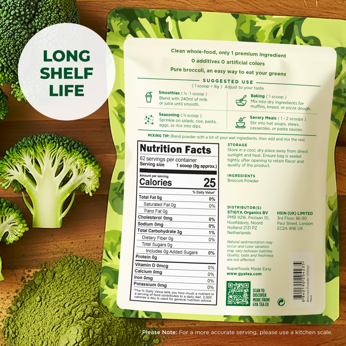 Gya Tea Co Broccoli Powder 1.1 lb (17.64 oz), 62 Servings, Microgreens Superfood Powder Rich In Fiber & Sulforaphane - Earthy, Fresh Flavor