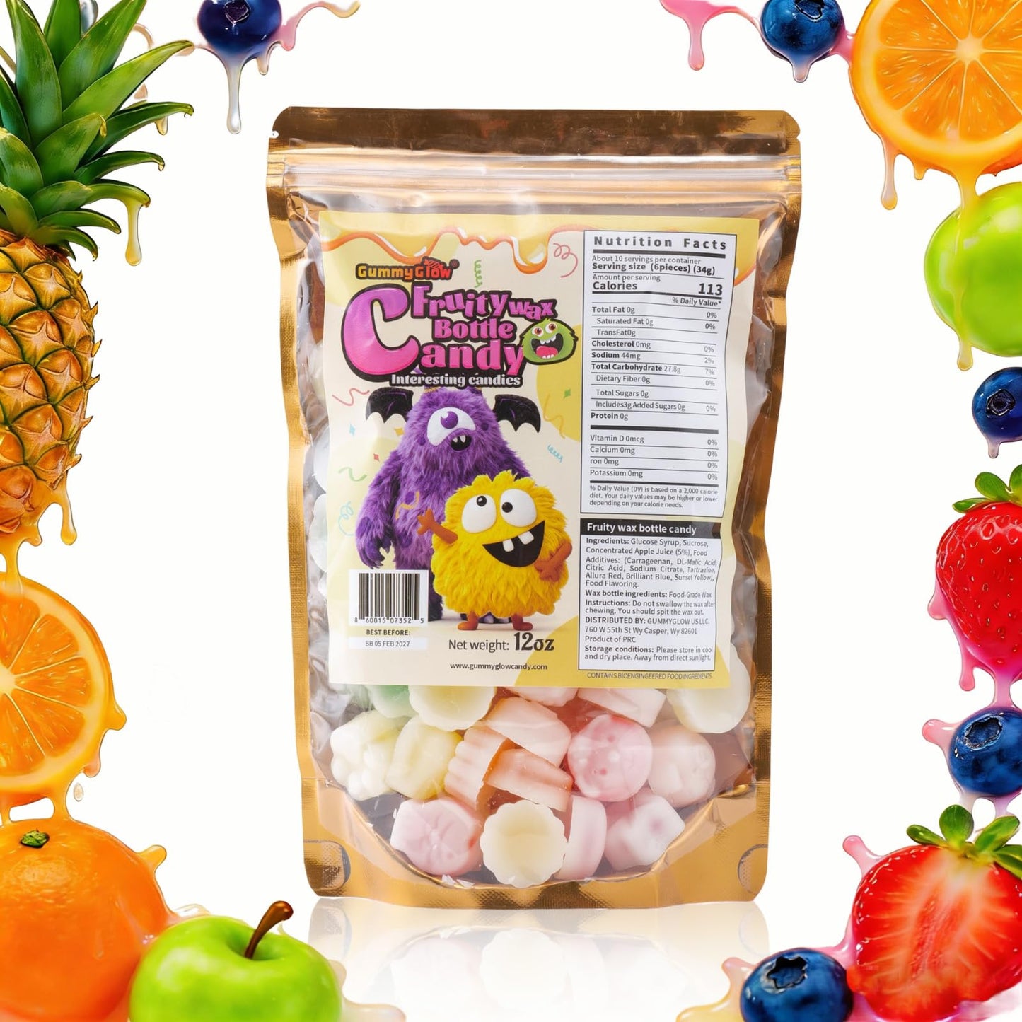 GummyGlow 12oz Upgraded Wax Candy Bulk Pack, Retro Chewy Sweets with 5 Assorted Flavors (55-65 Pieces), Nostalgic Treats for Old School Lovers