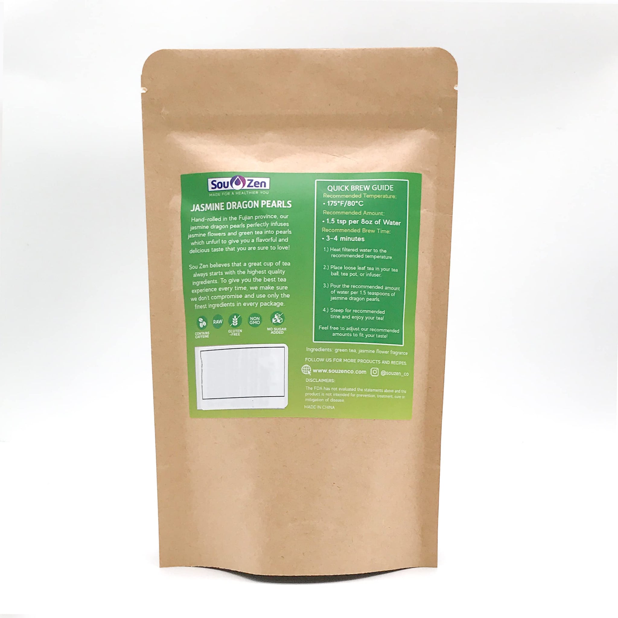 Sou Zen Jasmine Dragon Pearls Tea 4oz (113g) | Premium Quality Hand-Rolled Green Tea | Raw, Non-GMO and Naturally Organic | No Preservatives