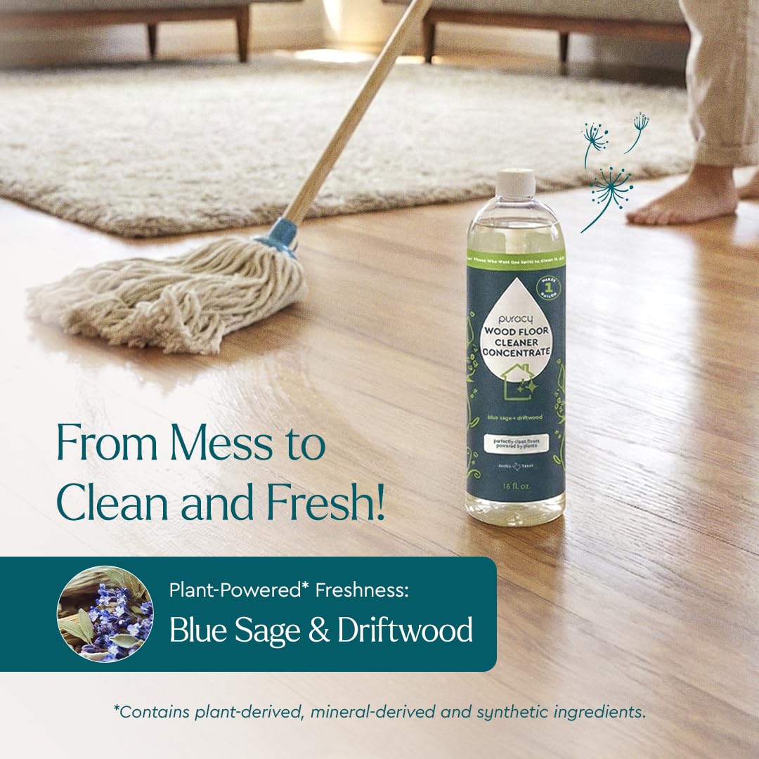 Puracy Wood Floor Cleaner Concentrate - pH Neutral Plant-Powered Hardwood All Purpose Cleaner - Residue-Free Non-Sticky Cleaning Solution As Seen on