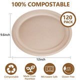 Gabotrie 120 Pack Oval Paper Plates, 100% Compostable Oval Plate, 12 inch Disposable Paper Plate Heavy Duty, Natural Unbleached Bagasse Eco-Friendly