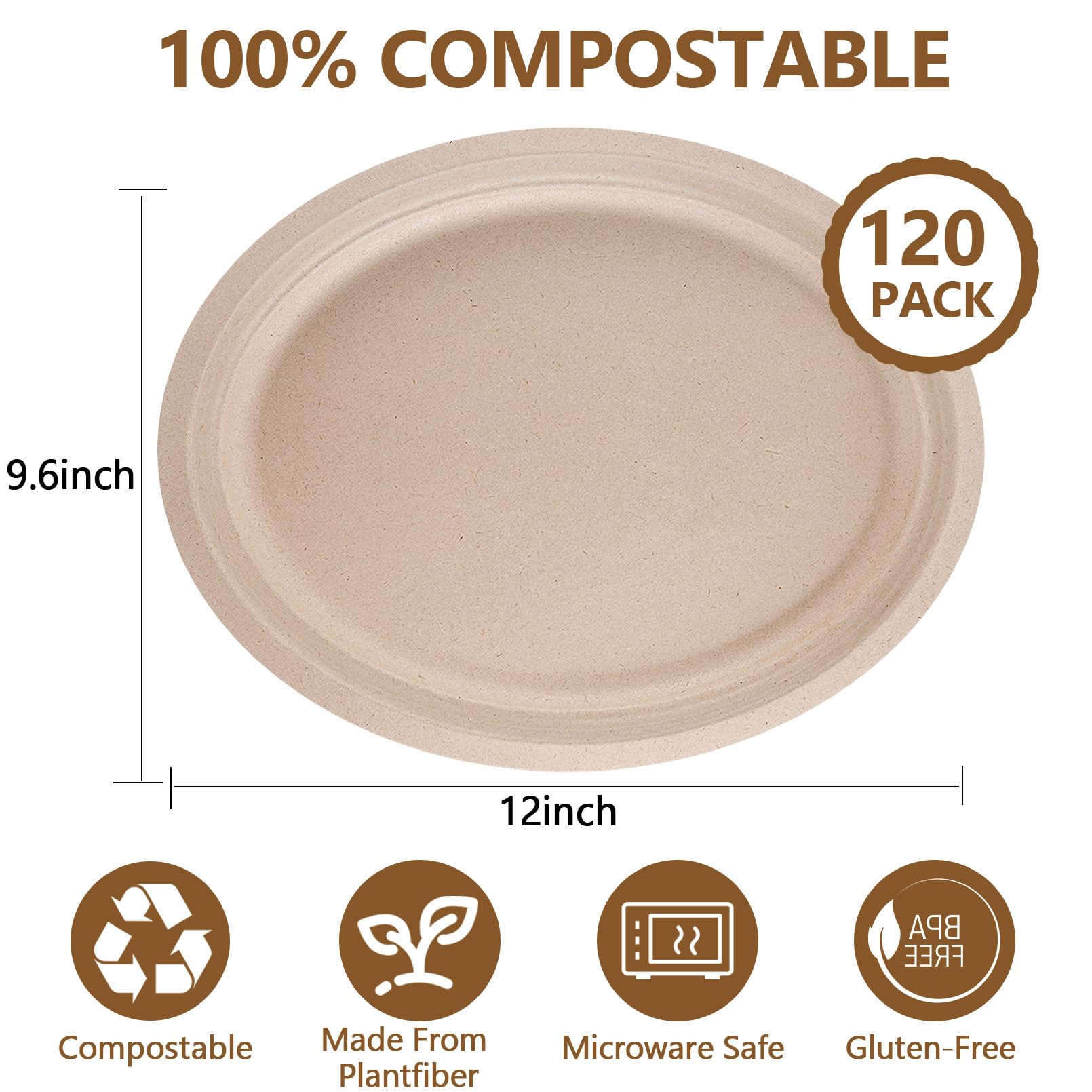 Gabotrie 120 Pack Oval Paper Plates, 100% Compostable Oval Plate, 12 inch Disposable Paper Plate Heavy Duty, Natural Unbleached Bagasse Eco-Friendly