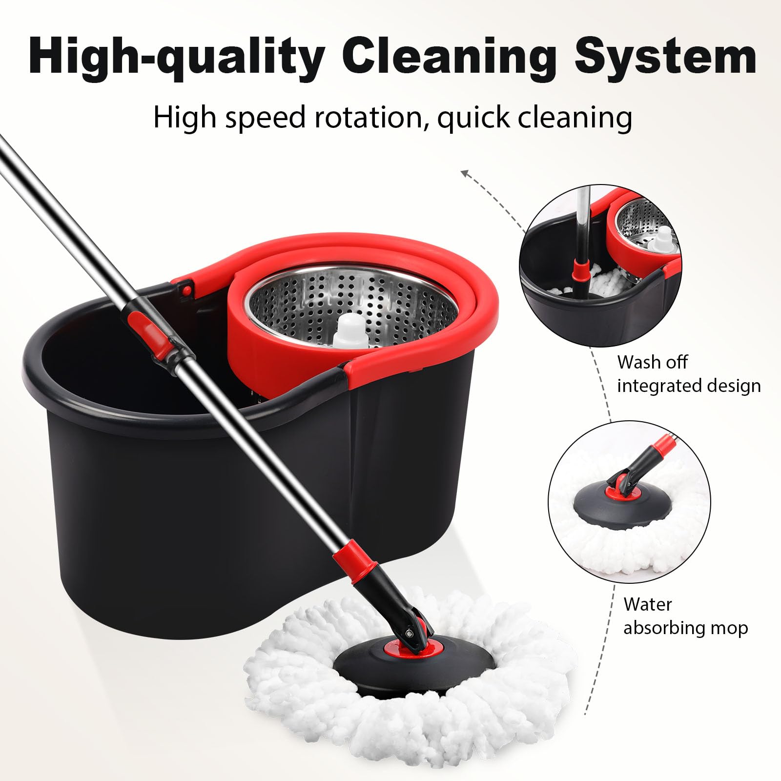Spin Mop and Bucket, Mop and Bucket with Wringer Set for Home, 360 Spinning Mop Bucket Floor Cleaning Tool with One Microfiber Mop Replacement Head