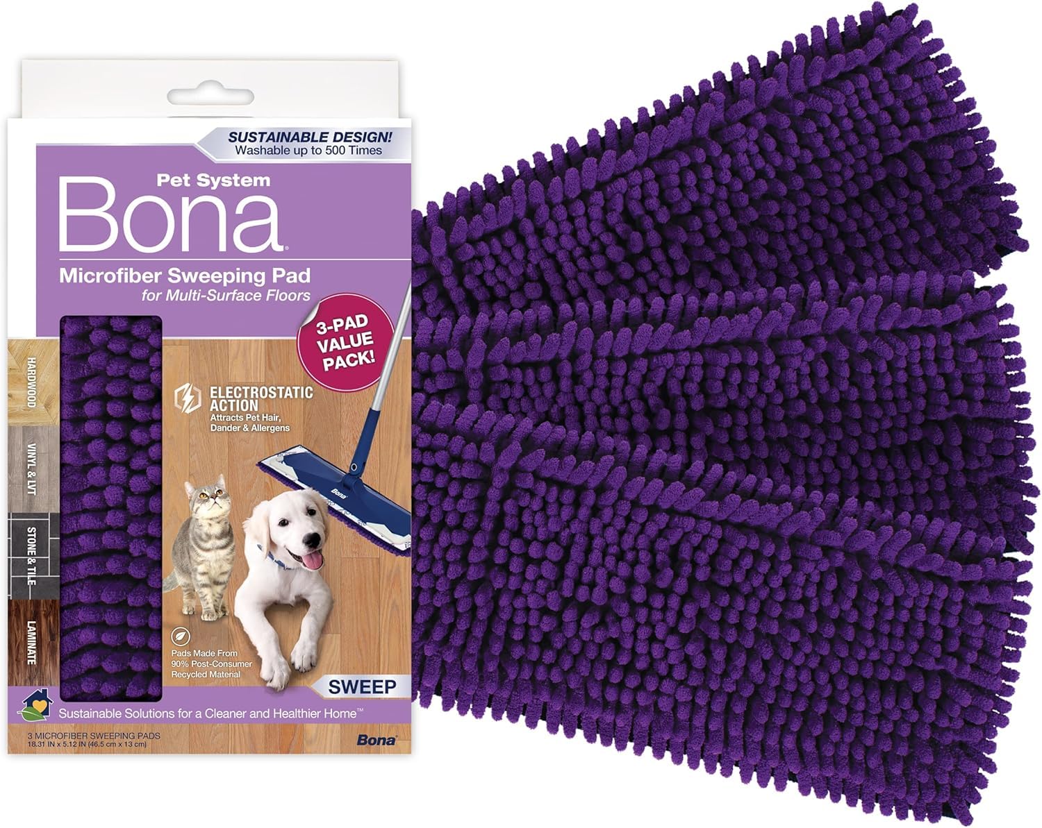 Bona Pet System Microfiber Sweeping Pads for Multi-Surface Floors - 3 Count - Washable and Reusable - Attracts & Traps Cat and Dog Hair - Fits All