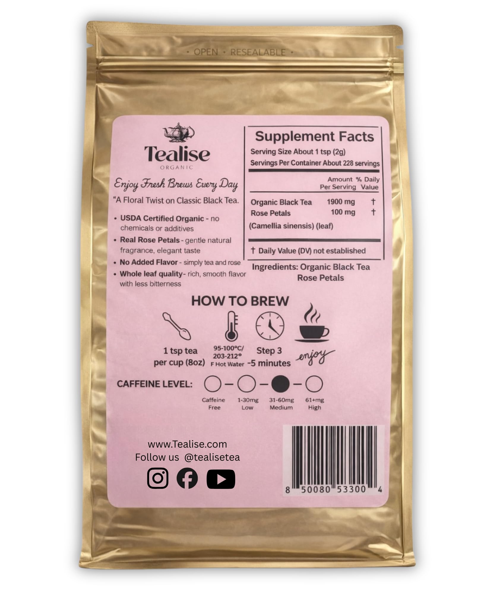 Organic Rose Black Tea Loose Leaf - Whole Leaf, USDA Organic, Smooth Floral Aroma, Antioxidant Rich Black Tea, 1 lb (456g) by Tealise