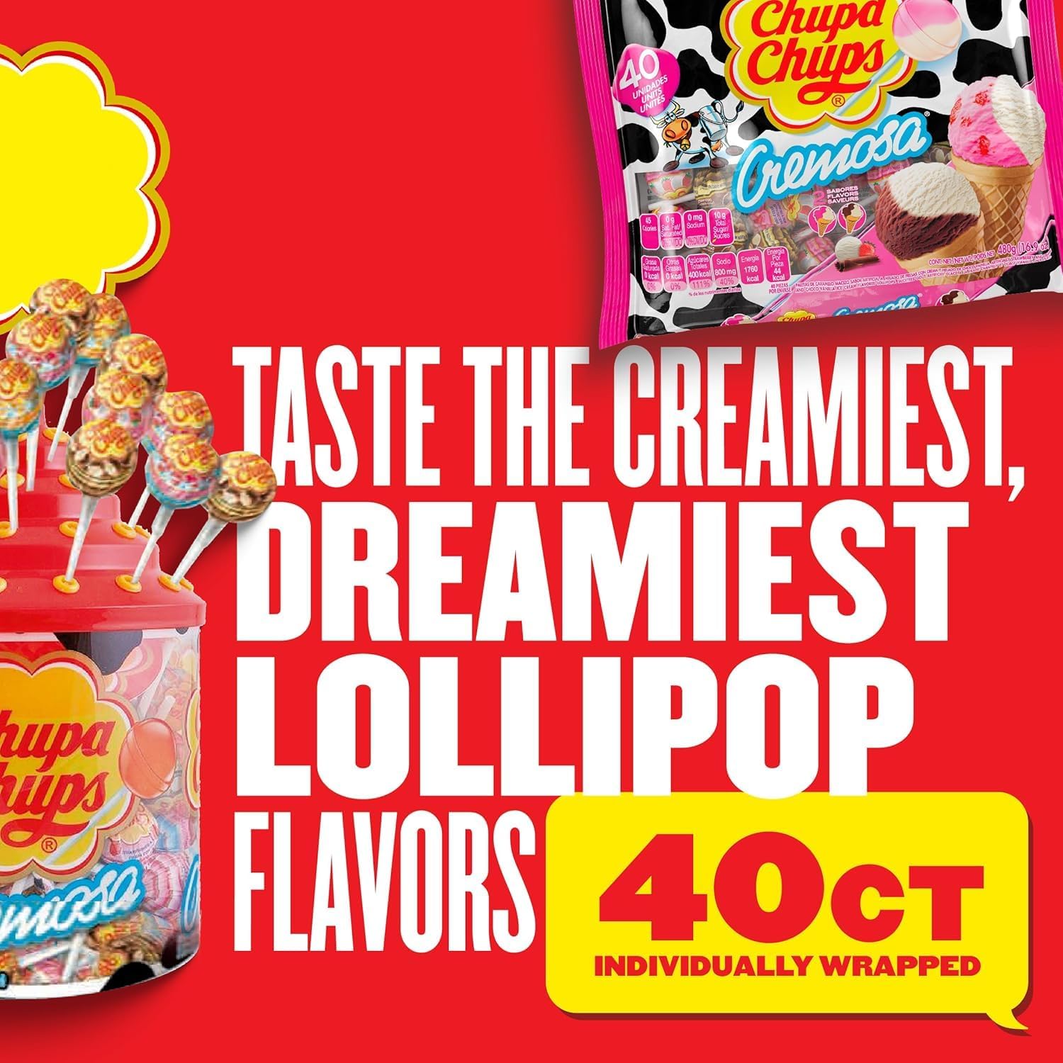 Chupa Chups Cremosa Lollipop Assortment, 2 Ice Cream Flavors, Individually Wrapped Candy for Kids, 10.5 Oz Bag (25 Suckers)