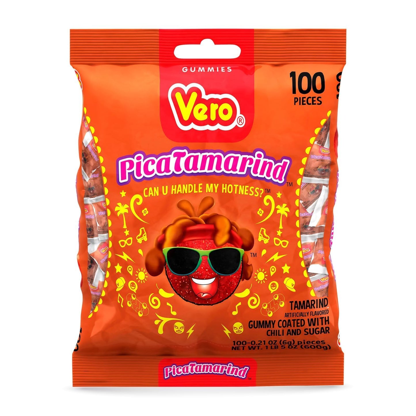 Vero PicaTamarind - Tamarind Flavor Chewy Gummy Treats Coated With Chili Powder & Sugar 100 Pieces (5.15 Oz) - Mexican Candy - Individually Wrapped