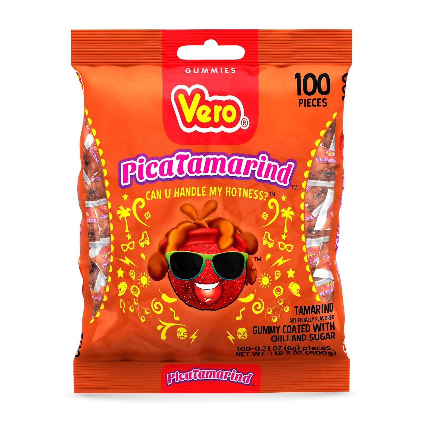 Vero PicaTamarind - Tamarind Flavor Chewy Gummy Treats Coated With Chili Powder & Sugar 100 Pieces (5.15 Oz) - Mexican Candy - Individually Wrapped
