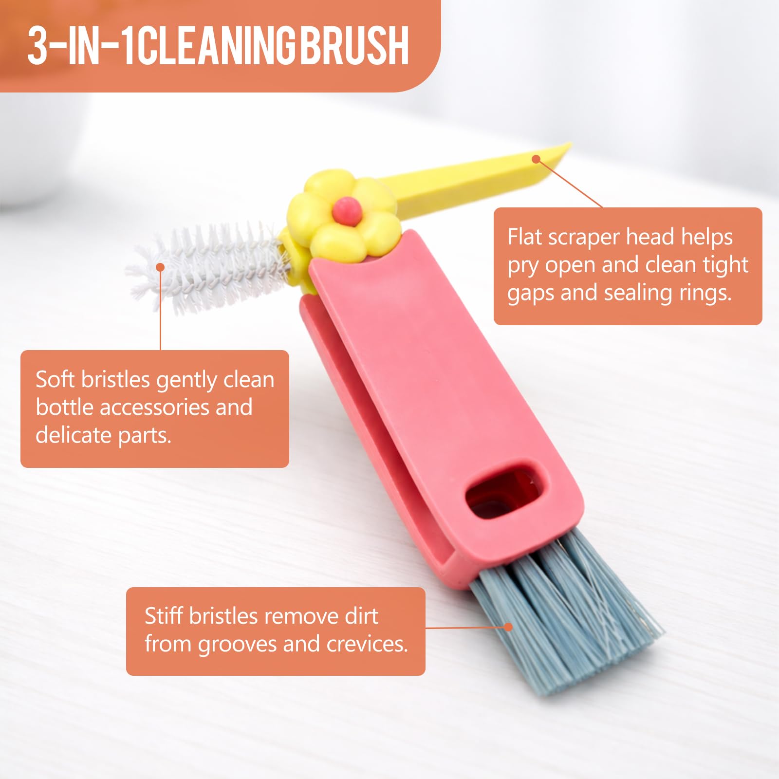 Gmlawsc 5 pc 3-in-1 Cup Lid Crevice Cleaning Brush Kit, Multi-Purpose Bottle Cleaner with Rotating Head, Kitchen Gap Cleaning Tools (Blue+Red+Green)