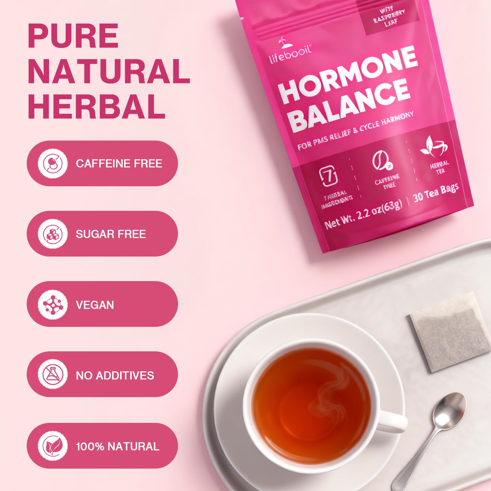 Lifebooil Hormone Balance Tea for Women | Caffeine-Free Herbal Tea with 7 Herbal Ingredients (Red Raspberry Leaf, Spearmint, Nettle, Ginger & More) |