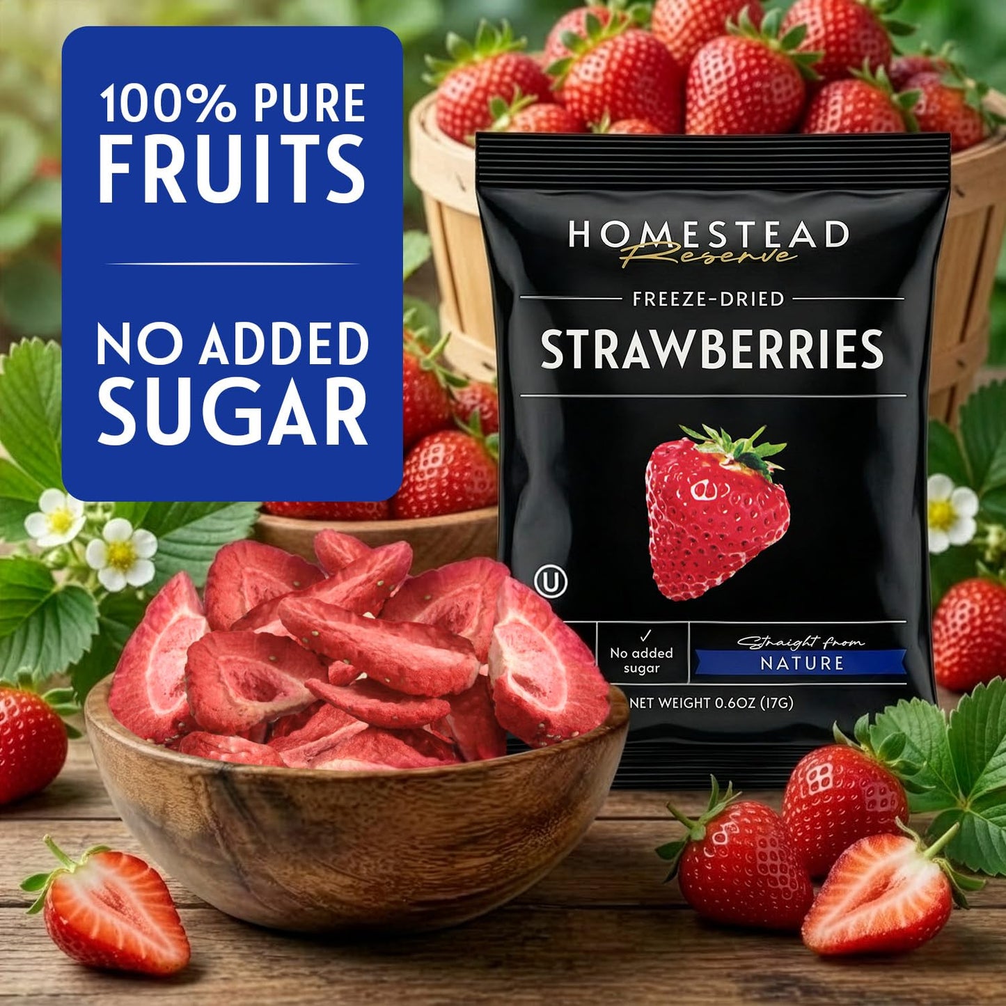 HOMESTEAD RESERVE Freeze Dried Strawberry, Pack of 8 Dried Fruit Snacks Individual Packs, Ideal Fruits Chips for Healthy Lifestyles and Active Living