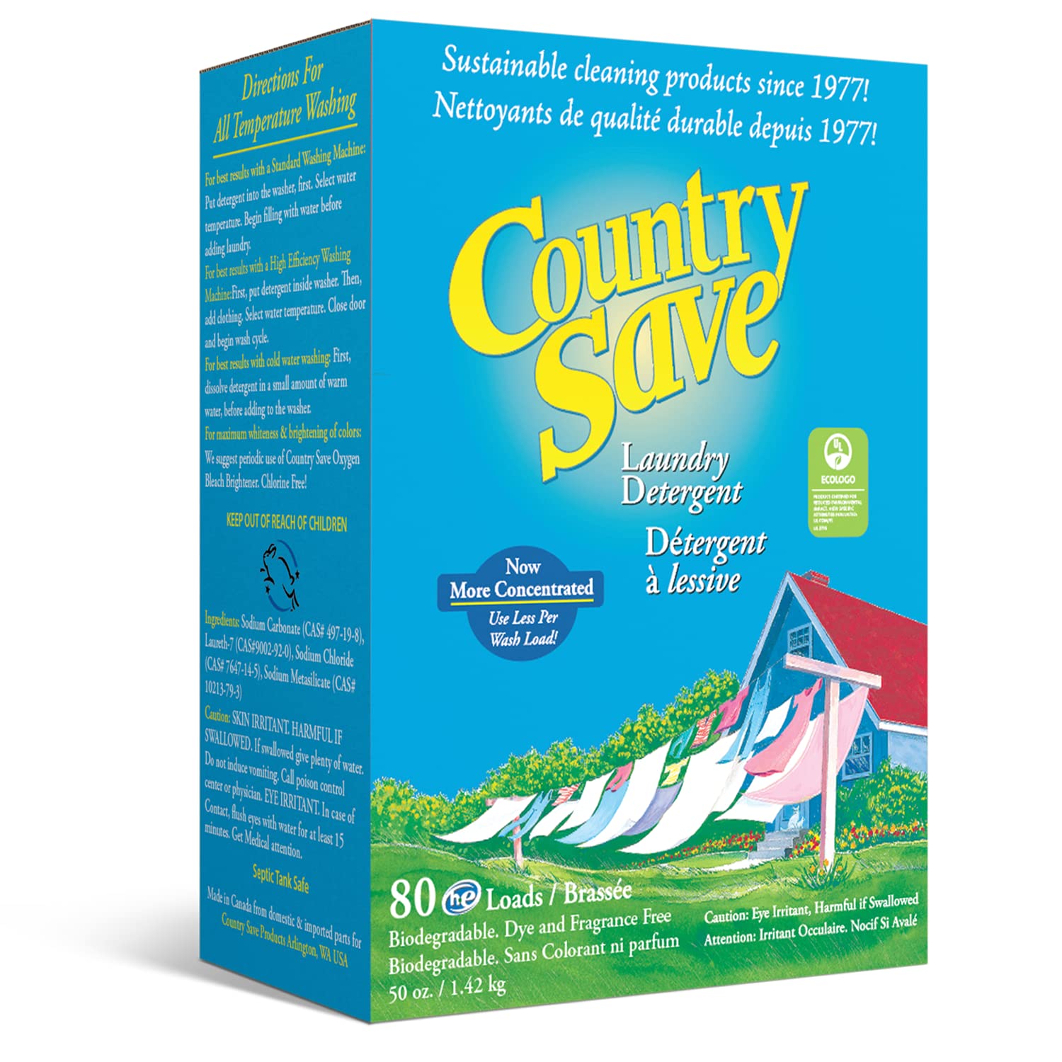 Country Save Laundry Detergent Powder Natural - HE Natural Powdered Laundry Detergent Clear & Free of Chemicals - Sensitive Washing Eco HE Laundry