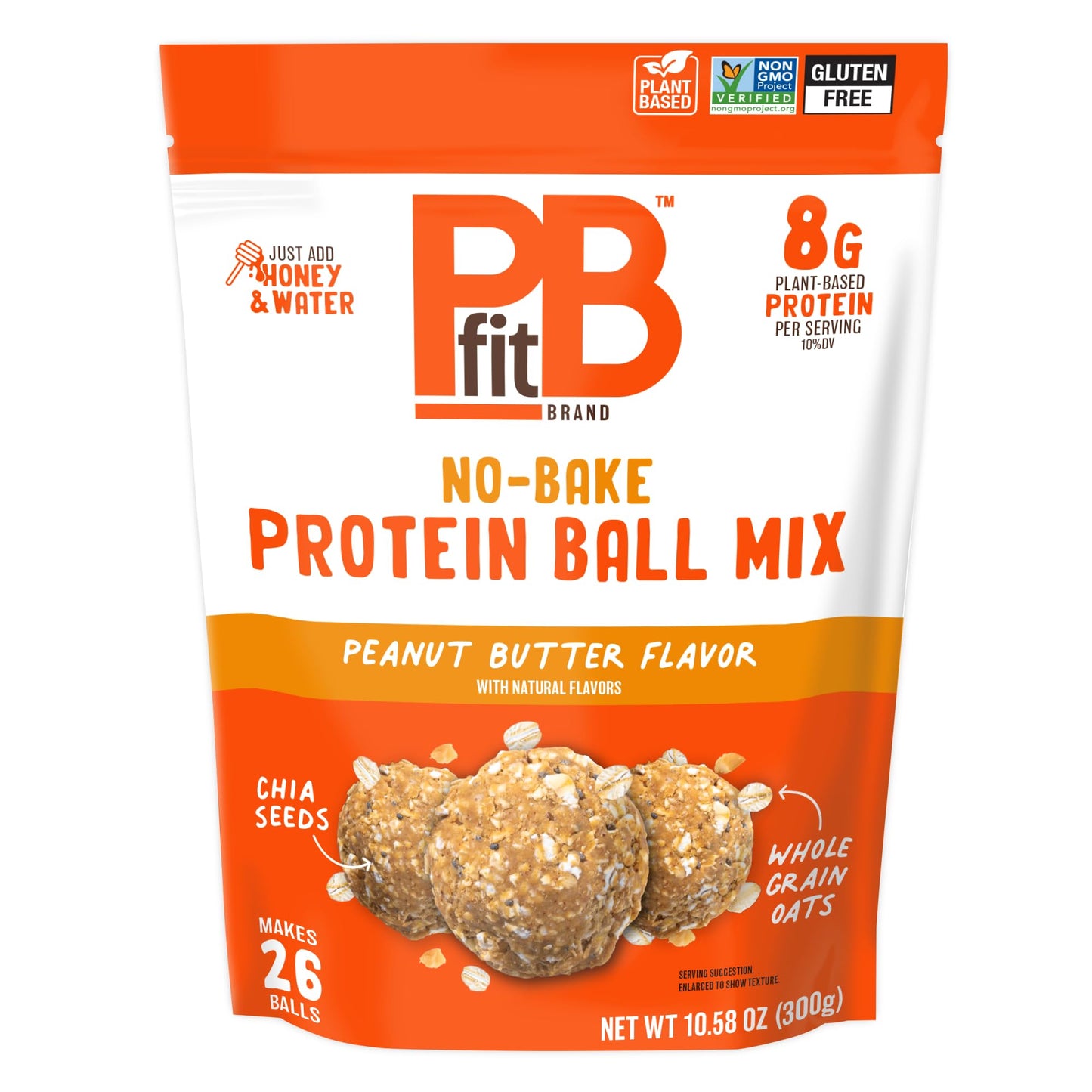 PBfit No Bake Peanut Butter Protein Ball Mix, 8g Protein, Made with Chia Seeds & Whole Grain Oats, Gluten Free, Vegan Snacks, 10.58 Oz Bag