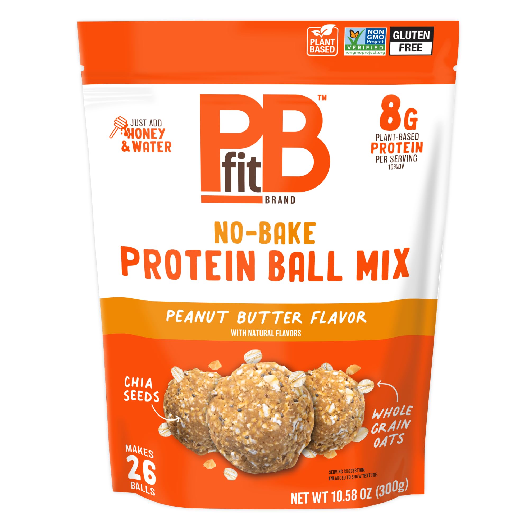 PBfit No Bake Peanut Butter Protein Ball Mix, 8g Protein, Made with Chia Seeds & Whole Grain Oats, Gluten Free, Vegan Snacks, 10.58 Oz Bag