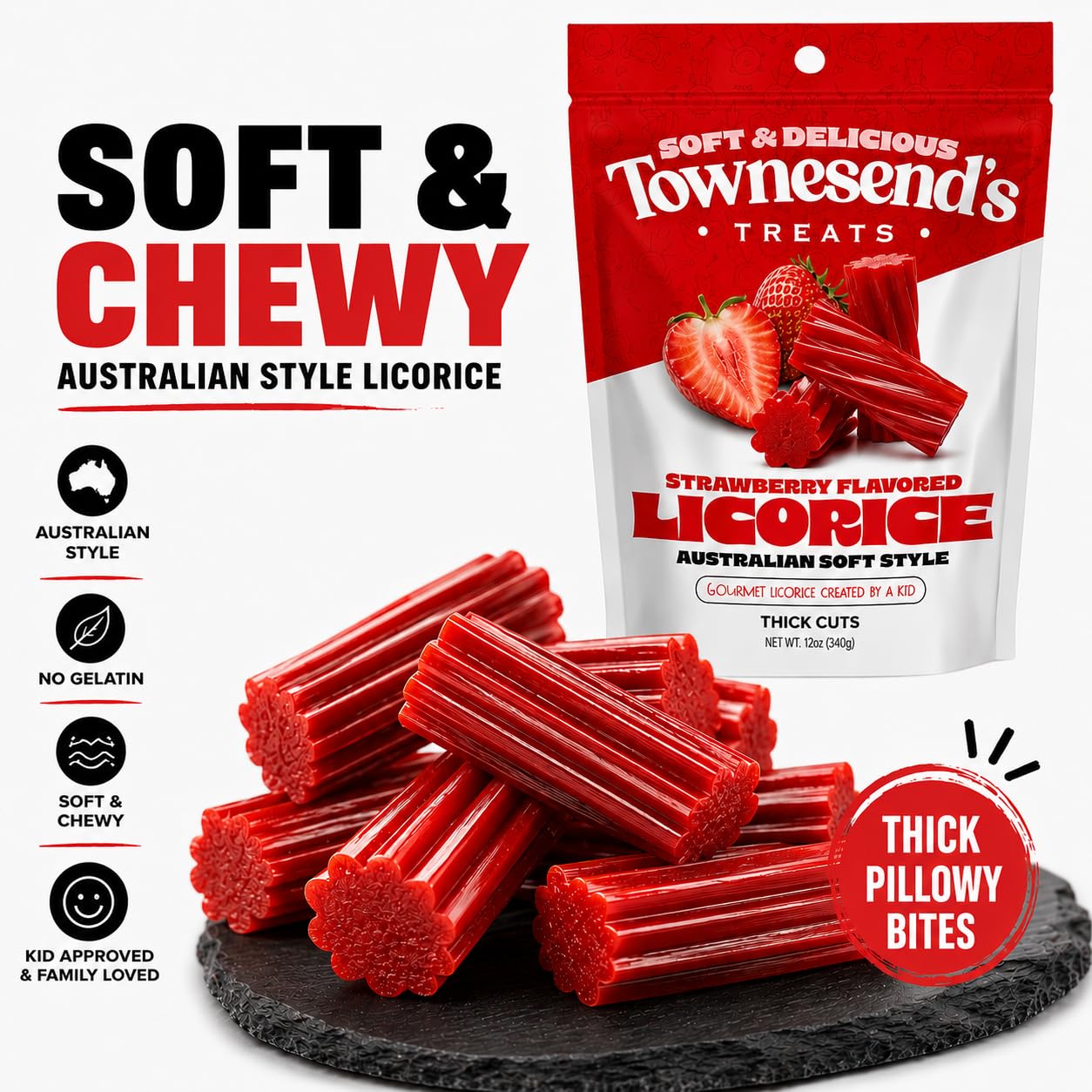 Townesend's Treats Strawberry Licorice Candy (1 pack) - Soft & Chewy Australian Licorice Twists - Gourmet Strawberry Licorice - 12 Ounce Bag - Red