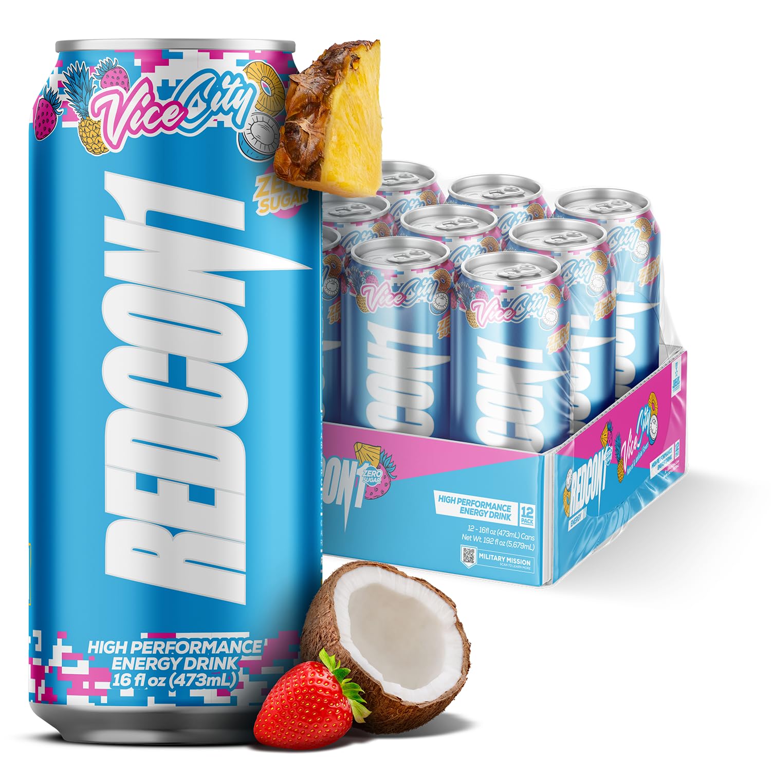 REDCON1 Energy High Performance Drink, Vice City - Zero Sugar Energy Drink with Alpha GPC Nootropic - 200mg of Natural Caffeine from Green Coffee