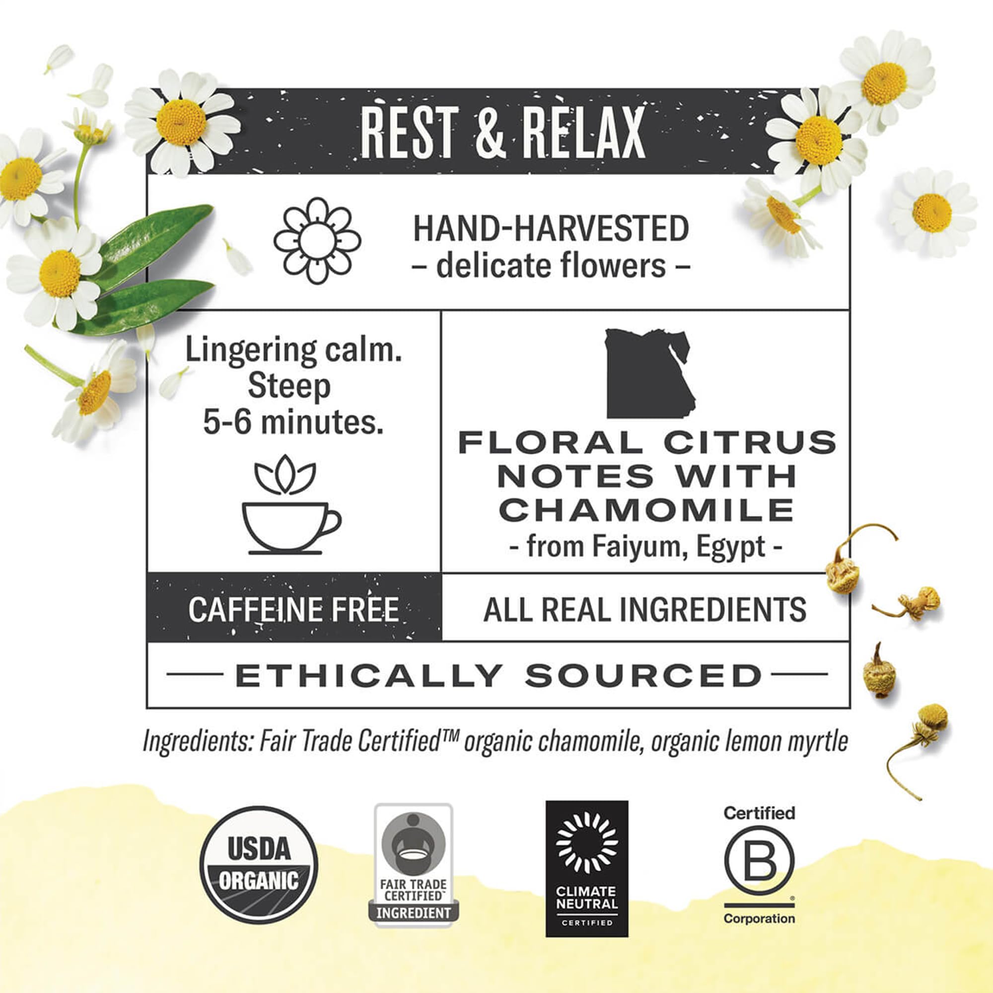 Numi Organic Chamomile Lemon Tea - 18 Tea Bags - Caffeine Free Calming Egyptian Chamomile & Lemon Myrtle - Caffeine Free Floral Citrus Herbal Tea