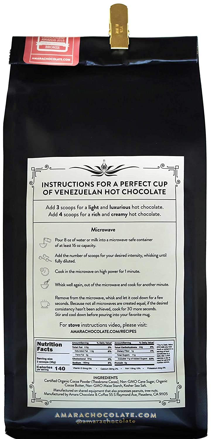 Amara Unique Venezuelan Flavors. Hot Chocolate "Gran Criollo" Dark Chocolate Blend Refill Bag 32 oz. Made with Certified Organic Cacao Powder.