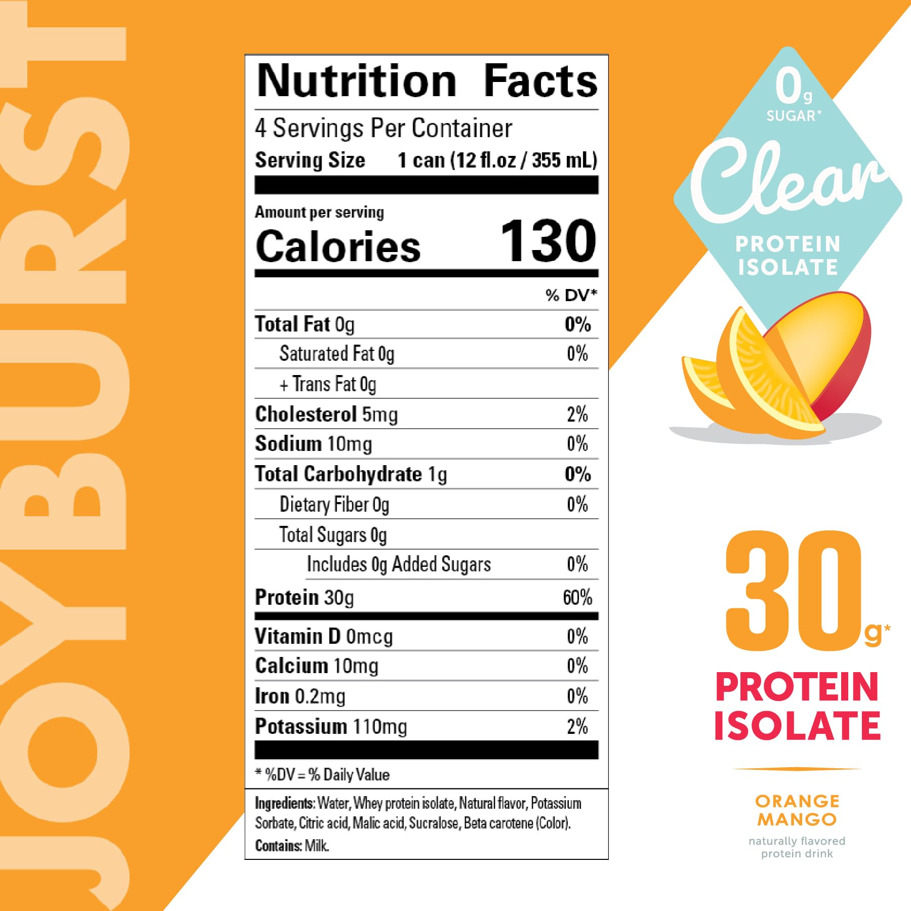 *NEW* Joyburst Clear Protein Isolate Beverage - Orange Mango Flavour, 30g of Protein, 0g of Sugar (4 count)