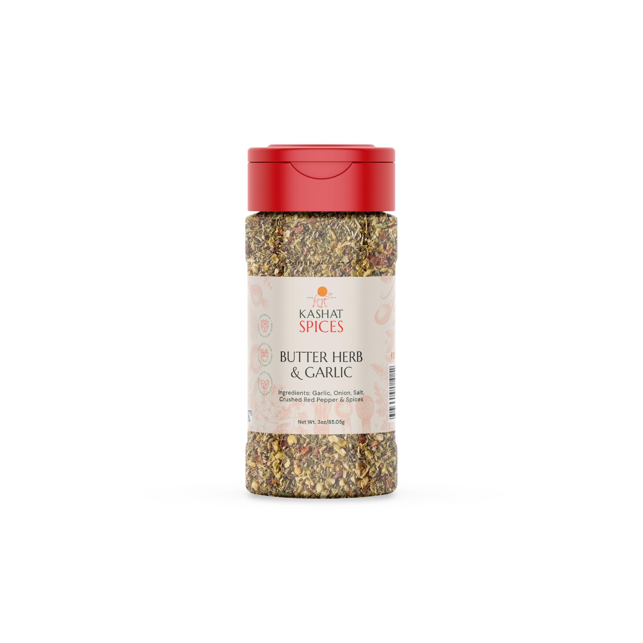Kashat Spices Butter Herb & Garlic Seasoning, 3oz Flavor Profile: Rich buttery taste blended with roasted garlic and aromatic herbs, giving a smooth