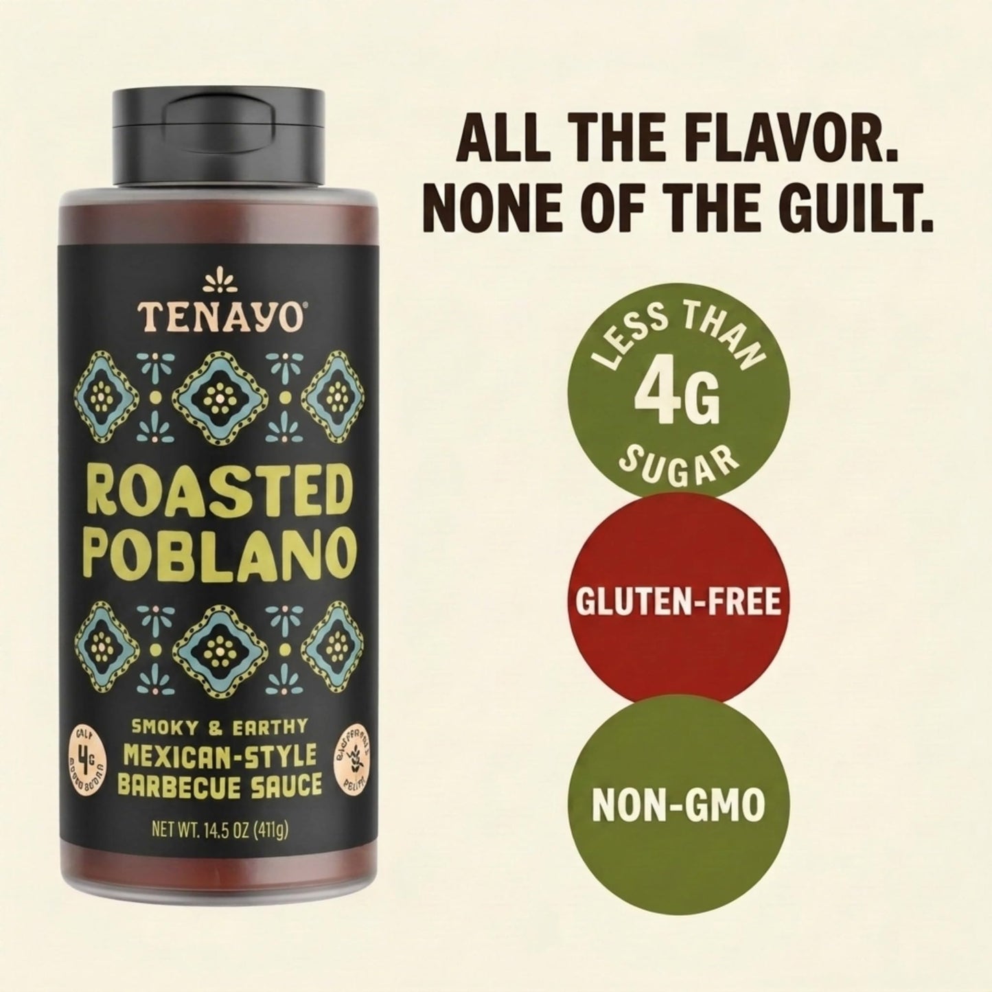 Tenayo Roasted Poblano Barbecue Sauce, 2-Pack (14.5 oz Bottles) - Mexican Style Sauce with Roasted Poblano Peppers & Spices - Only 4g of Sugar, Gluten