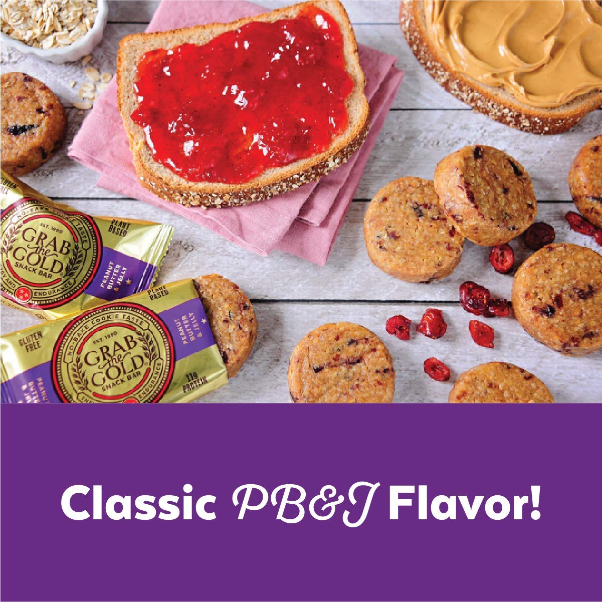 Vegan Snack Bars by Grab The Gold - Organic, Gluten Free, Vegan, Kosher, Dairy Free - 2.0 Oz - Peanut Butter & Jelly (4 Count)