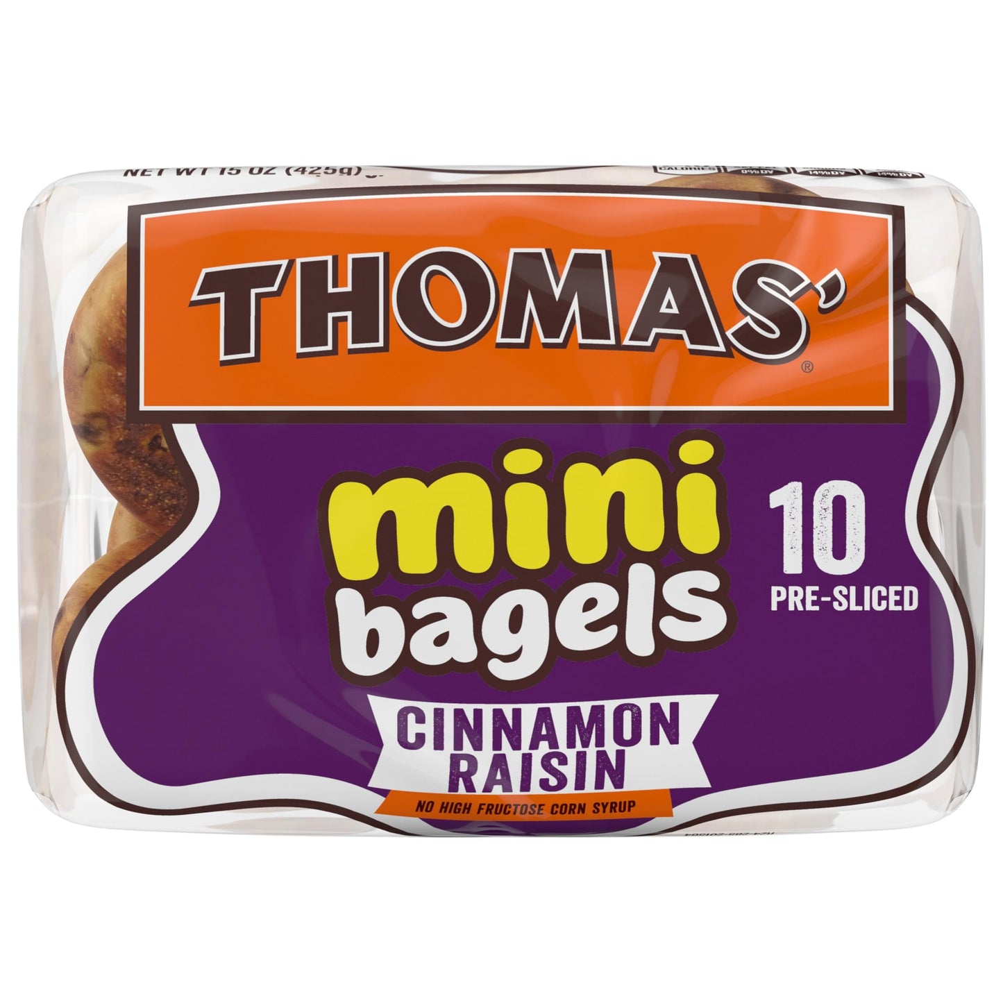 Thomas' Cinnamon Raisin Mini Bagels, 10 Pre Sliced Mini Bagels with No High Fructose Corn Syrup, 15 Oz Bag