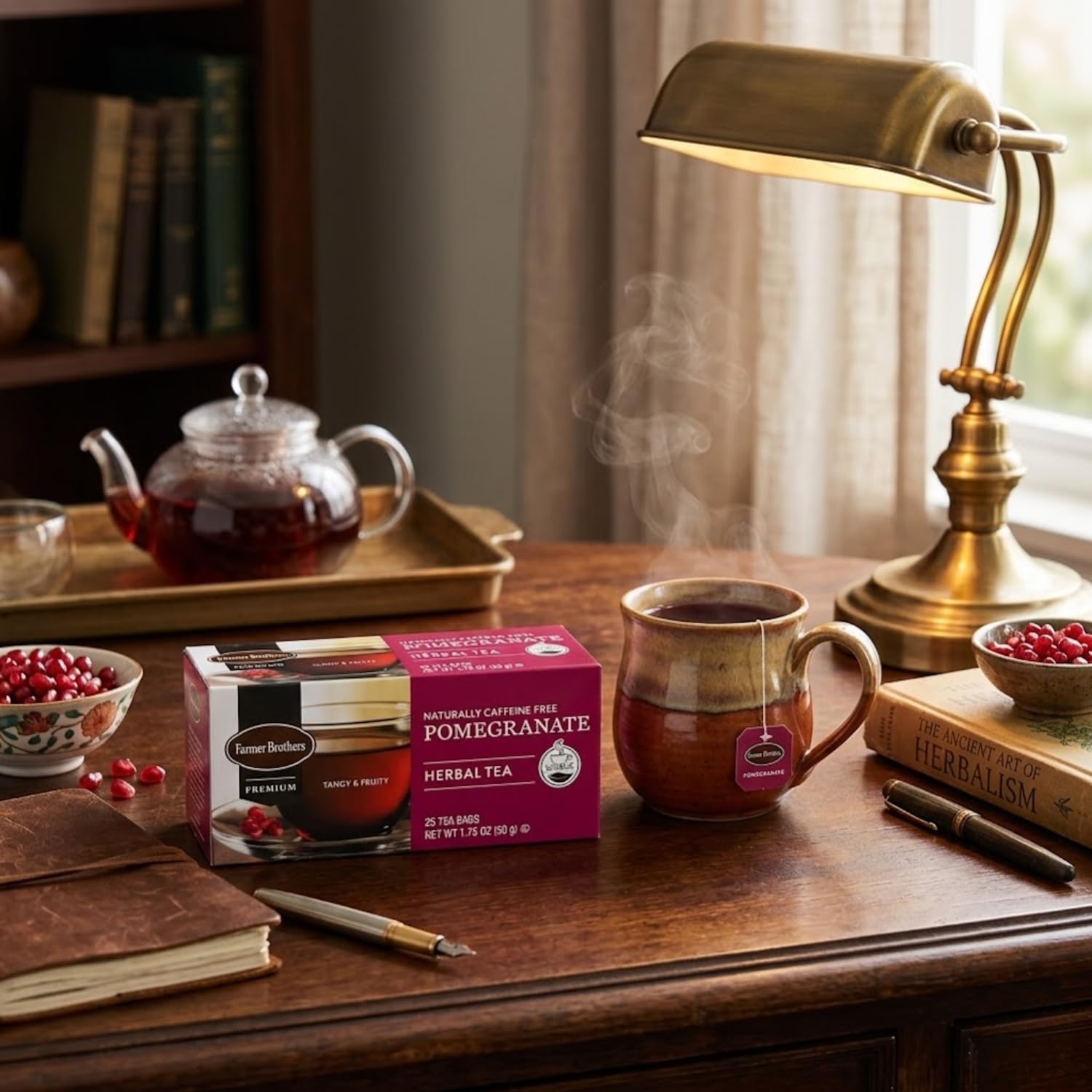 Farmer Brothers Premium Pomegranate Herbal Tea - 25 Individually Wrapped Bags - Naturally Caffeine-Free Fruit Tea with Tangy, Berry-Like Aroma