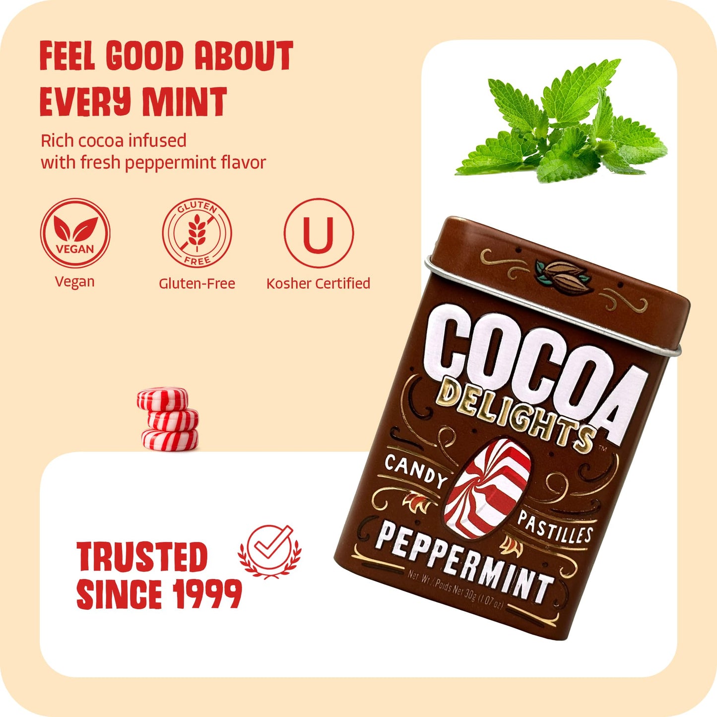 Cocoa Delights Chocolate Peppermint Candy Pastilles - 30 Count Tin (Pack of 12) | Vegan, Gluten Free & Kosher Certified | Travel Size Bulk Candy Tins