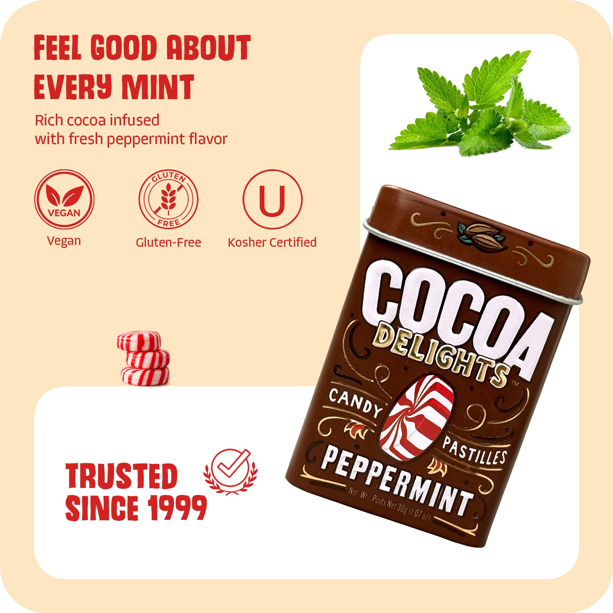Cocoa Delights Chocolate Peppermint Candy Pastilles - 30 Count Tin (Pack of 12) | Vegan, Gluten Free & Kosher Certified | Travel Size Bulk Candy Tins