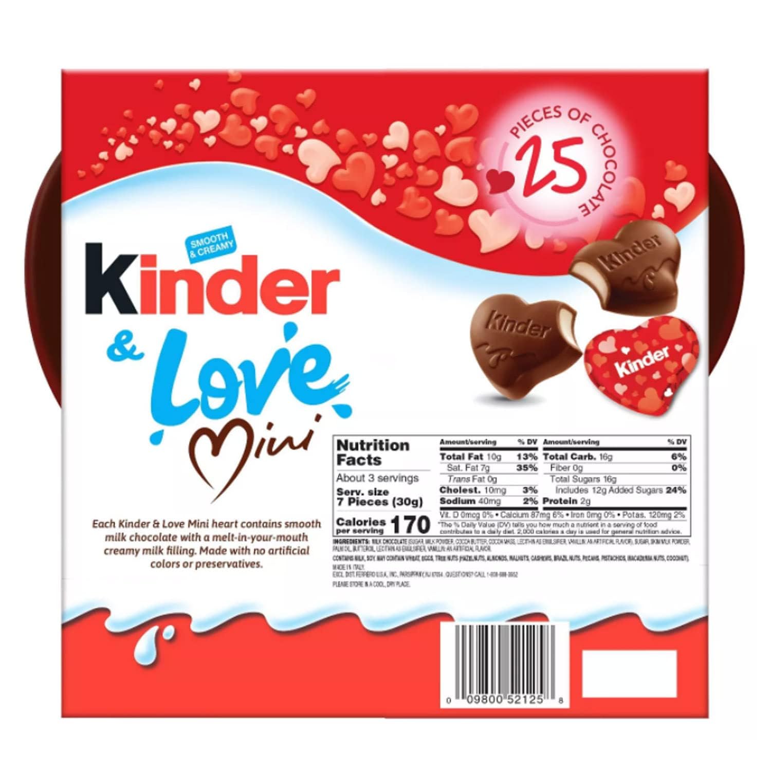 Kinder & Love Gift Box, 25 Mini Milk Chocolate Hearts, Valentine's Gift, 3.7 oz