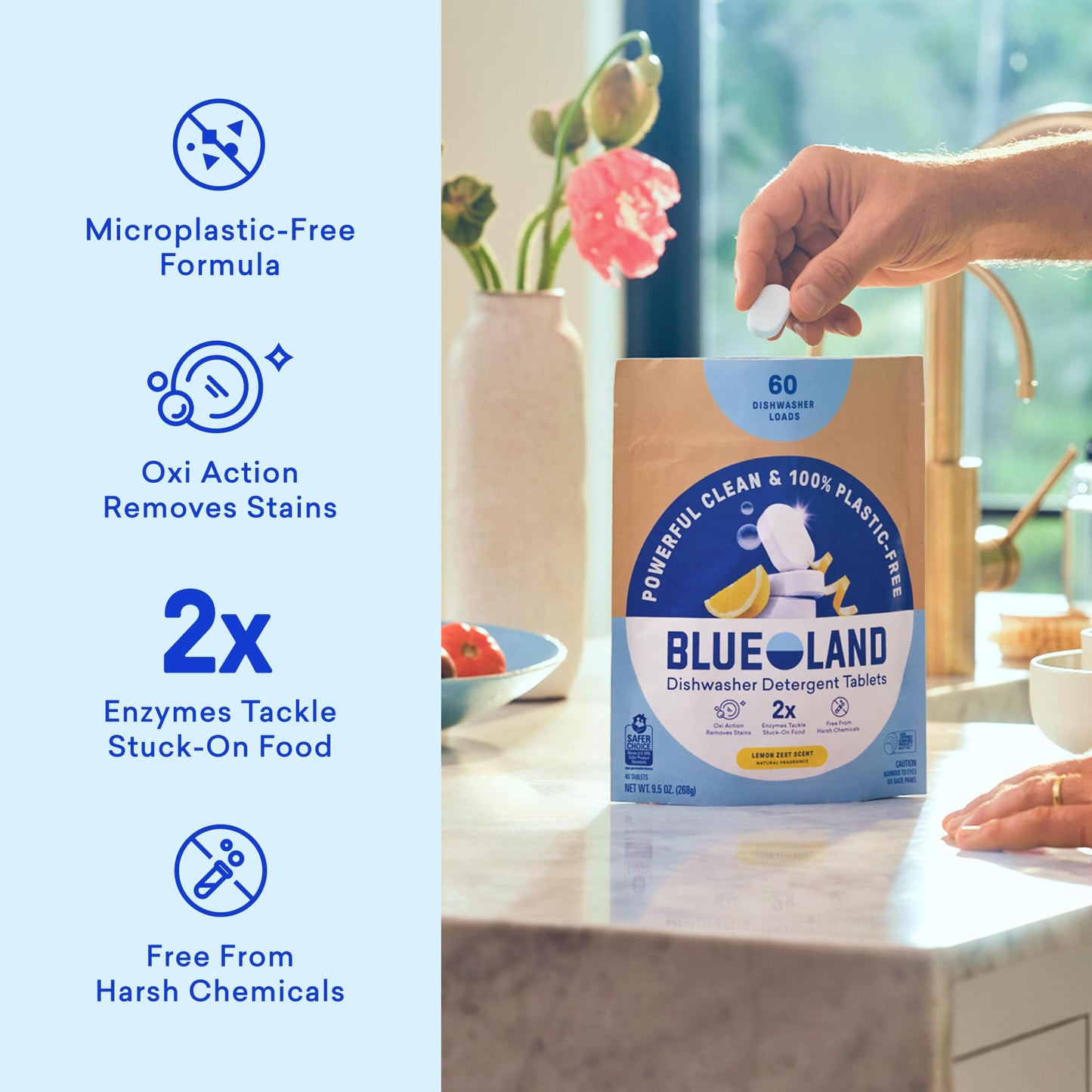BLUELAND 100% Plastic-Free Dishwasher Detergent Tablets, Starter Set, 60 Count with tin, Lemon Zest, Eco-Friendly Dishwashing Pods, Natural, USDA
