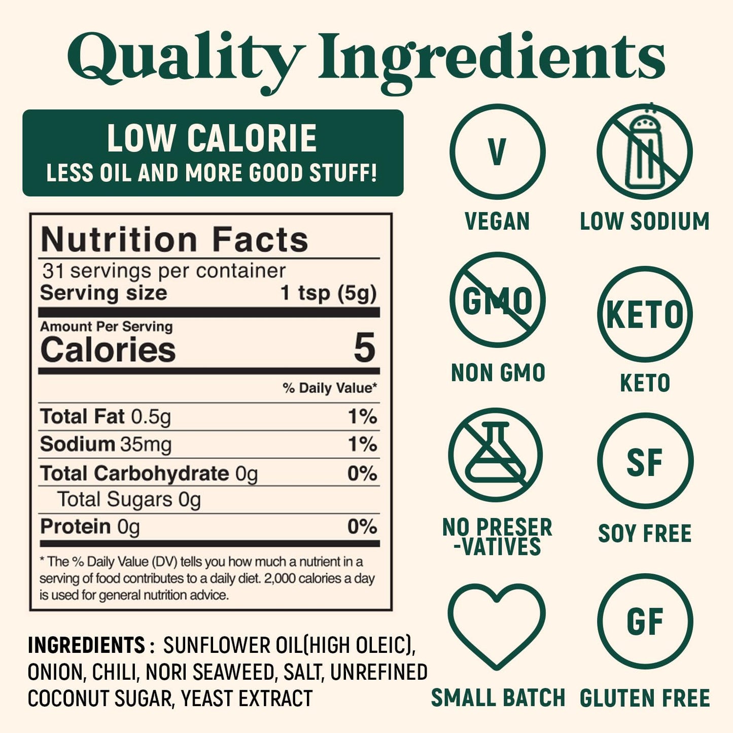 Homiah Sambal Chili Crunch, 6 Oz - Vegan Low Sodium Less Oil Gluten-Free Sambal Oelek, Non-GMO, Spicy Chili Crisp Topping with Seaweed - Mild