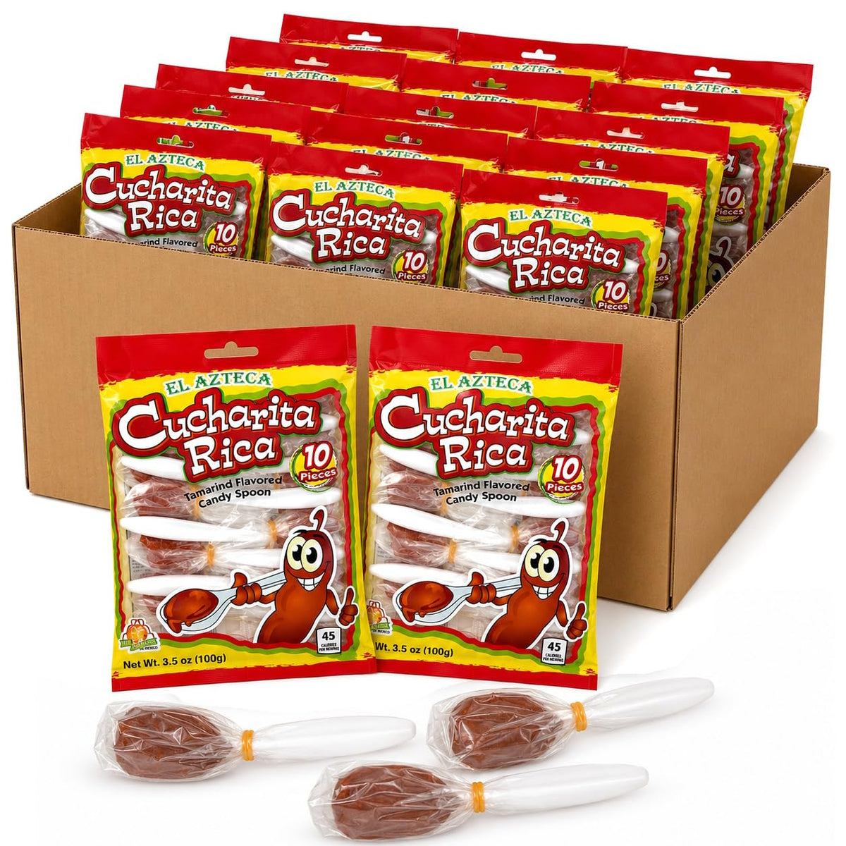 El Azteca Cucharita Rica Tamarind Flavored Candy Spoon, Chili Tamarind, 10 Pieces per Bag, Pack of 26, Made in Mexico