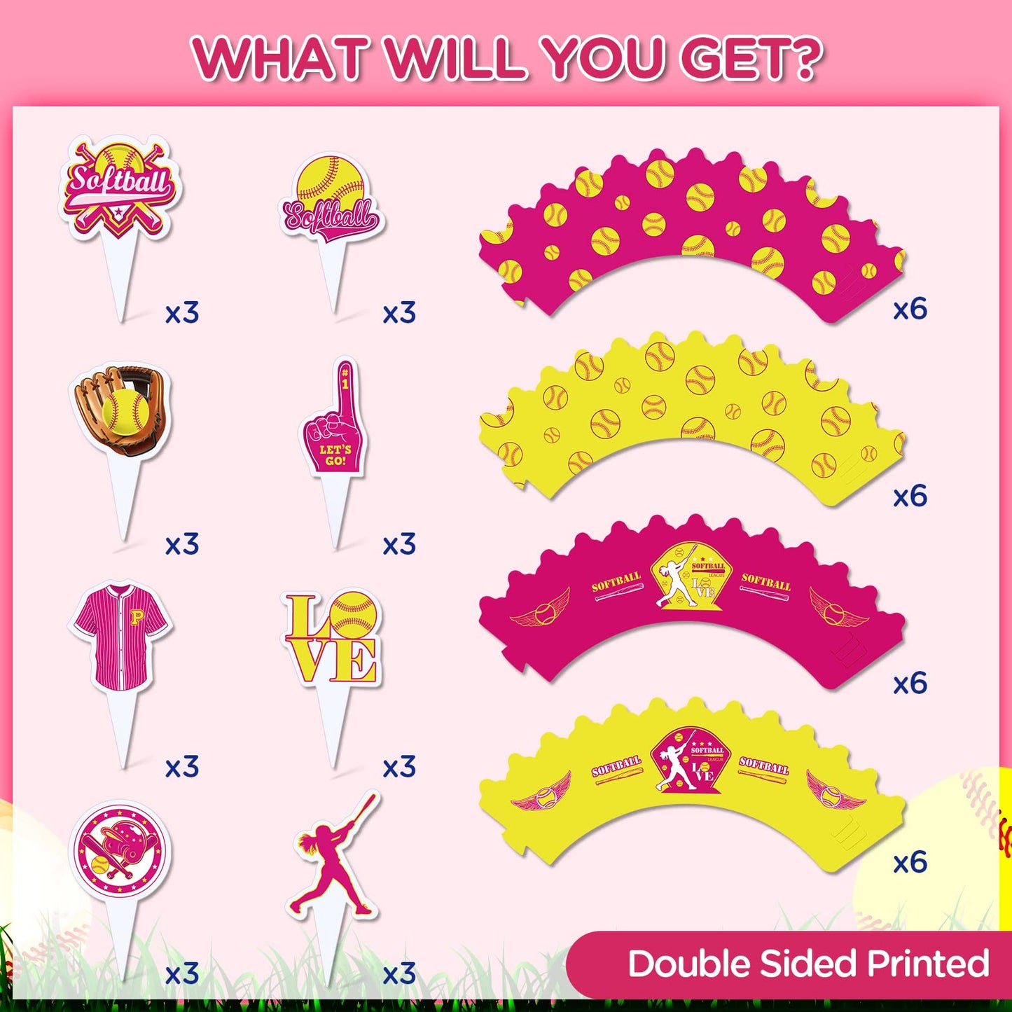 48Pcs Softball Cupcake Toppers and Wrappers - Party Supplies and Decorations for Girls, Kids, Teens - Sport Theme Birthday Cupcake Picks for Holiday