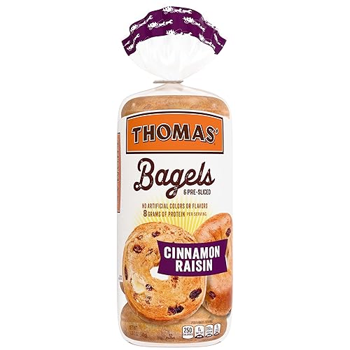 Thomas' Cinnamon Raisin Bagels, 6 count, (3.0 oz each), 8g Protein, Kosher Bagels, 18 oz Bag