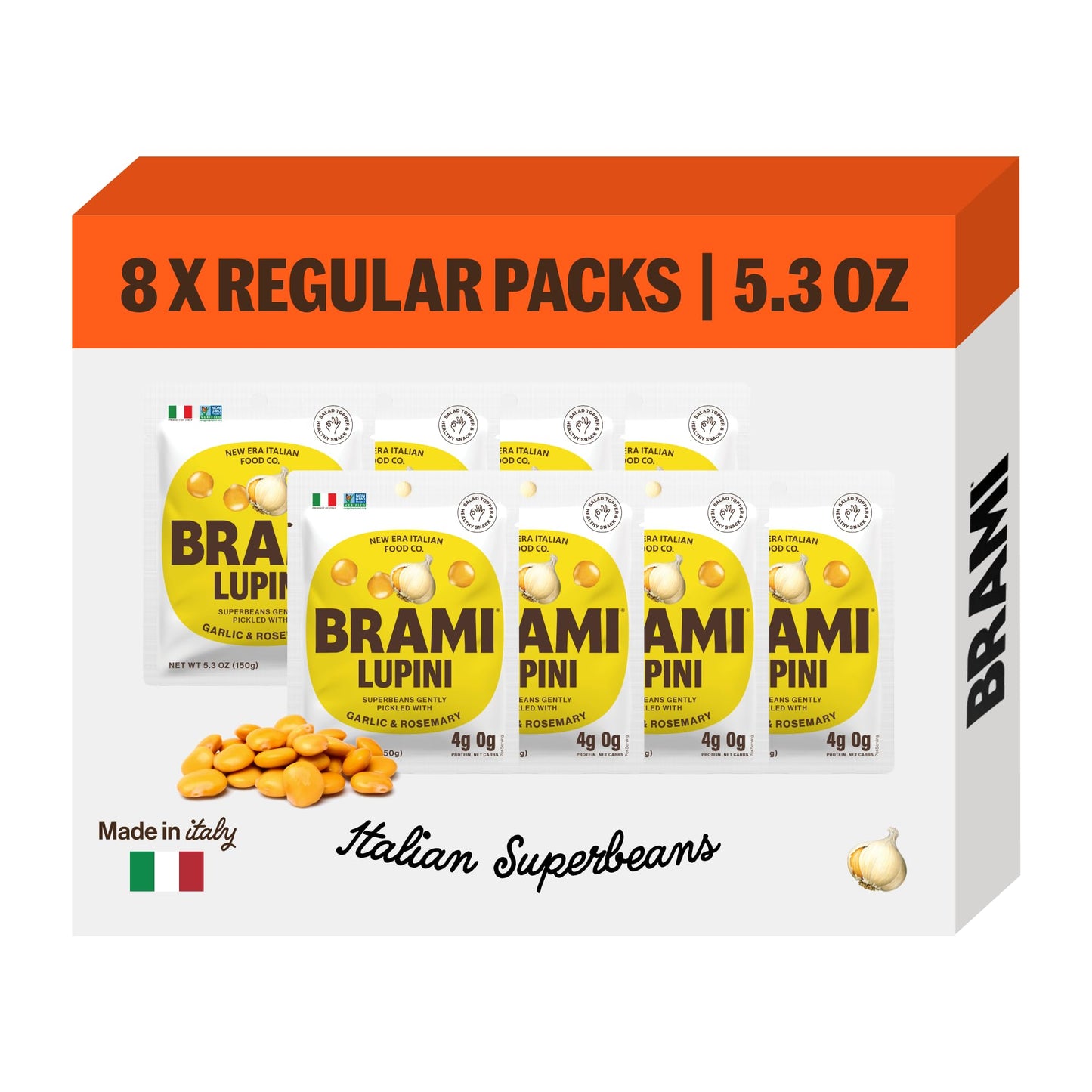 BRAMI Lupini Beans Snacks, Garlic & Rosemary | 7g Plant Protein, 0g Net Carbs | Vegan, Vegetarian, Keto, Plant Based, Mediterranean Diet, Healthy