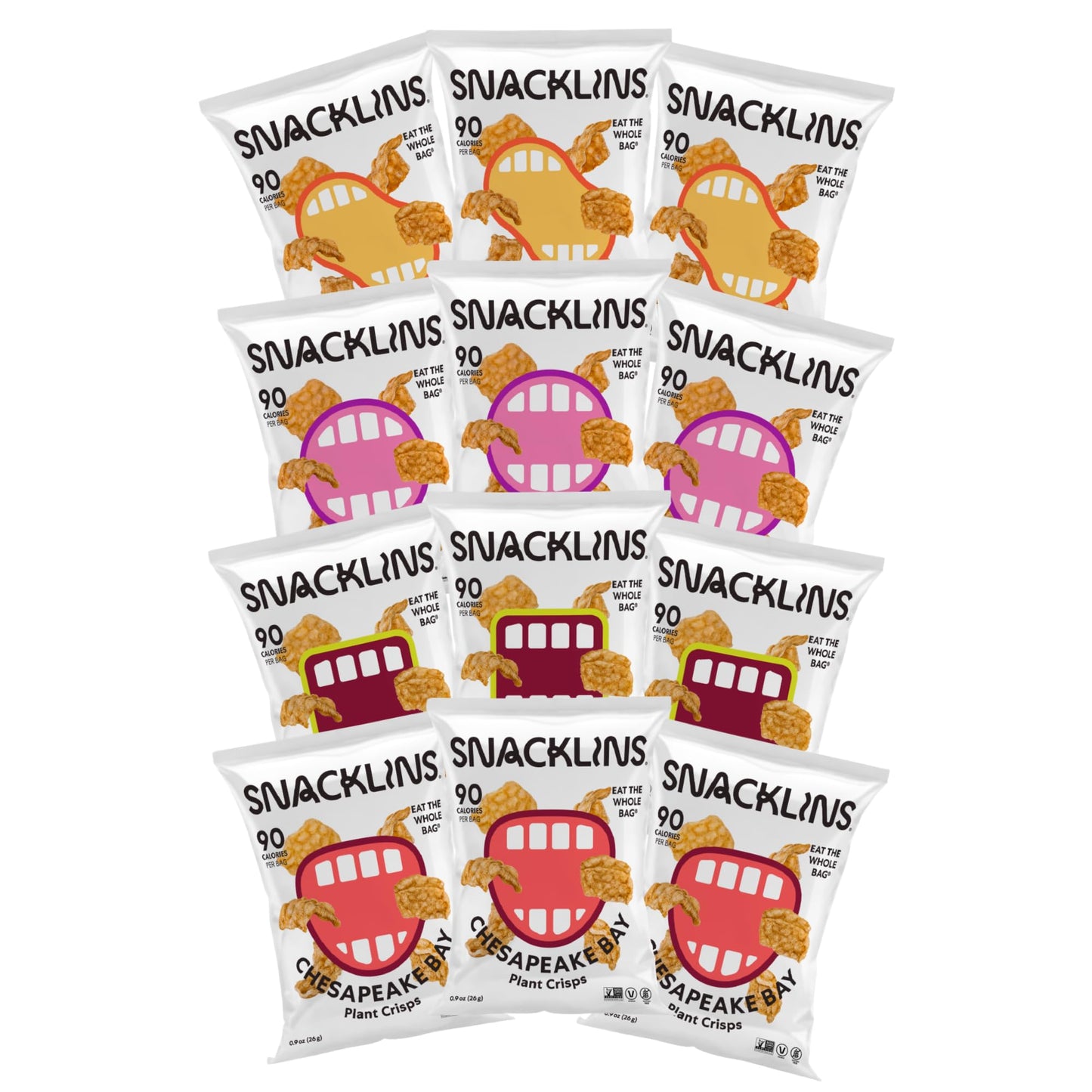 SNACKLINS Plant Based Crisps 4 Flavor Variety - Nacho, BBQ, Teriyaki, Chesapeake Bay - Gluten Free, Grain Free, 100% Kosher, Crunchy Puffed Snack Only
