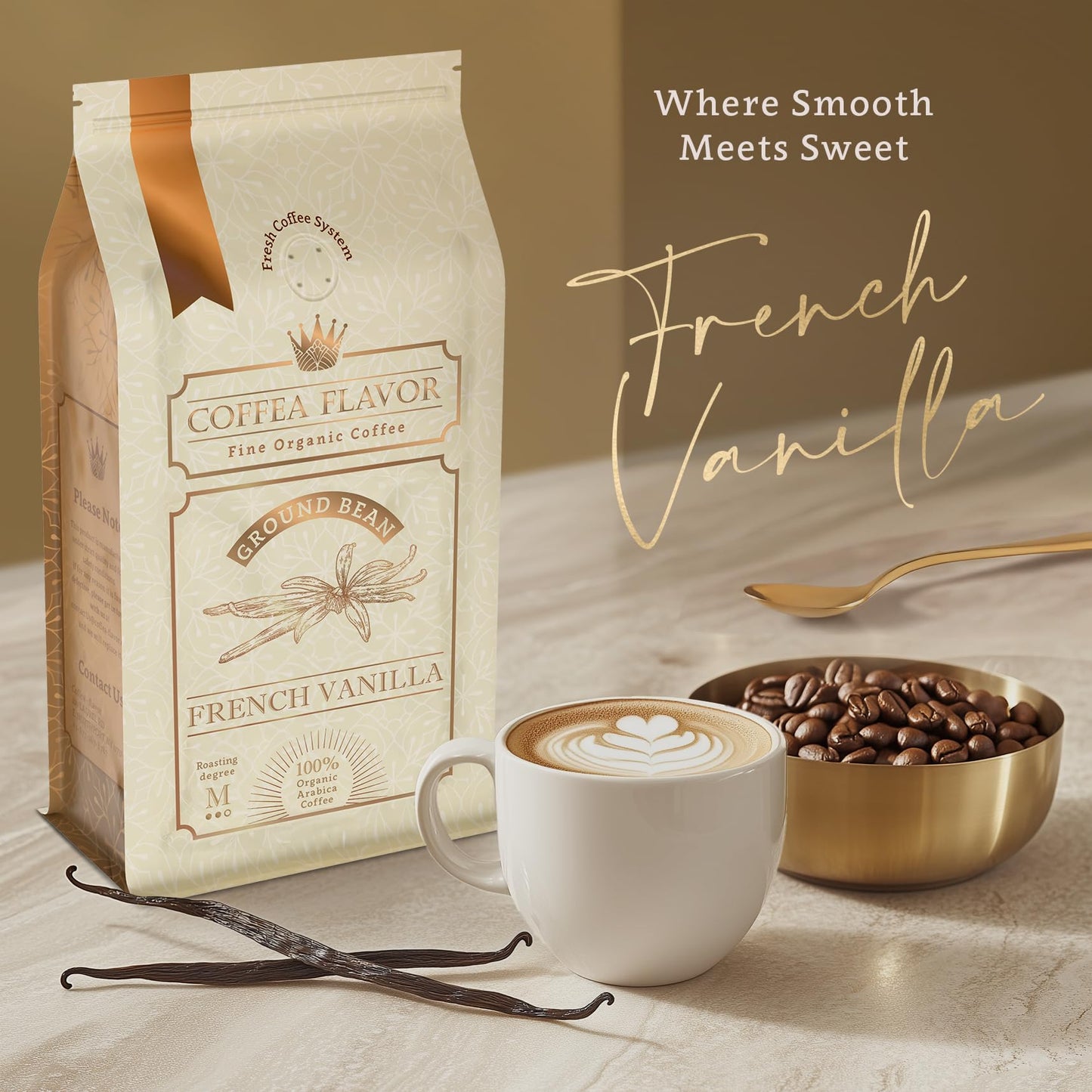 French Vanilla Flavored Whole Bean Coffee - 100% Arabica, Single Origin, Medium Roast, USDA Organic, No Sugar Added, Naturally Sweetened - by Coffea