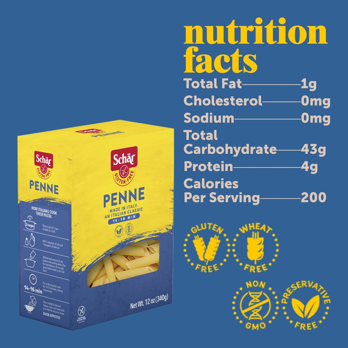 Schar - Penne - Certified Gluten Free - No GMO's, Lactose or Wheat - (6.2 oz) 10 Pack