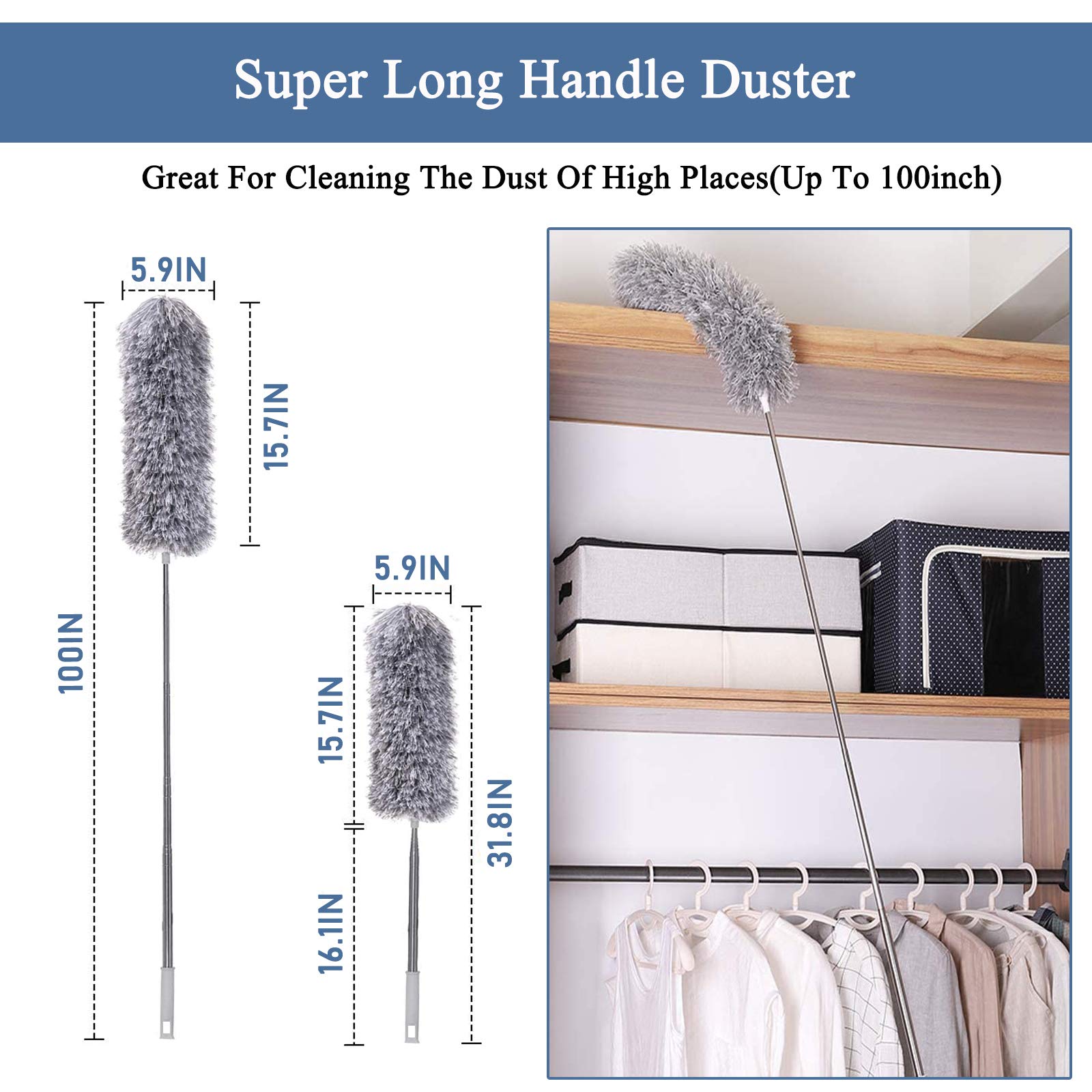 Microfiber Feather Duster, Extendable Cobweb Duster with 100 inches Extension Pole, Bendable & Washable & Lightweight Dusters for Cleaning Ceiling